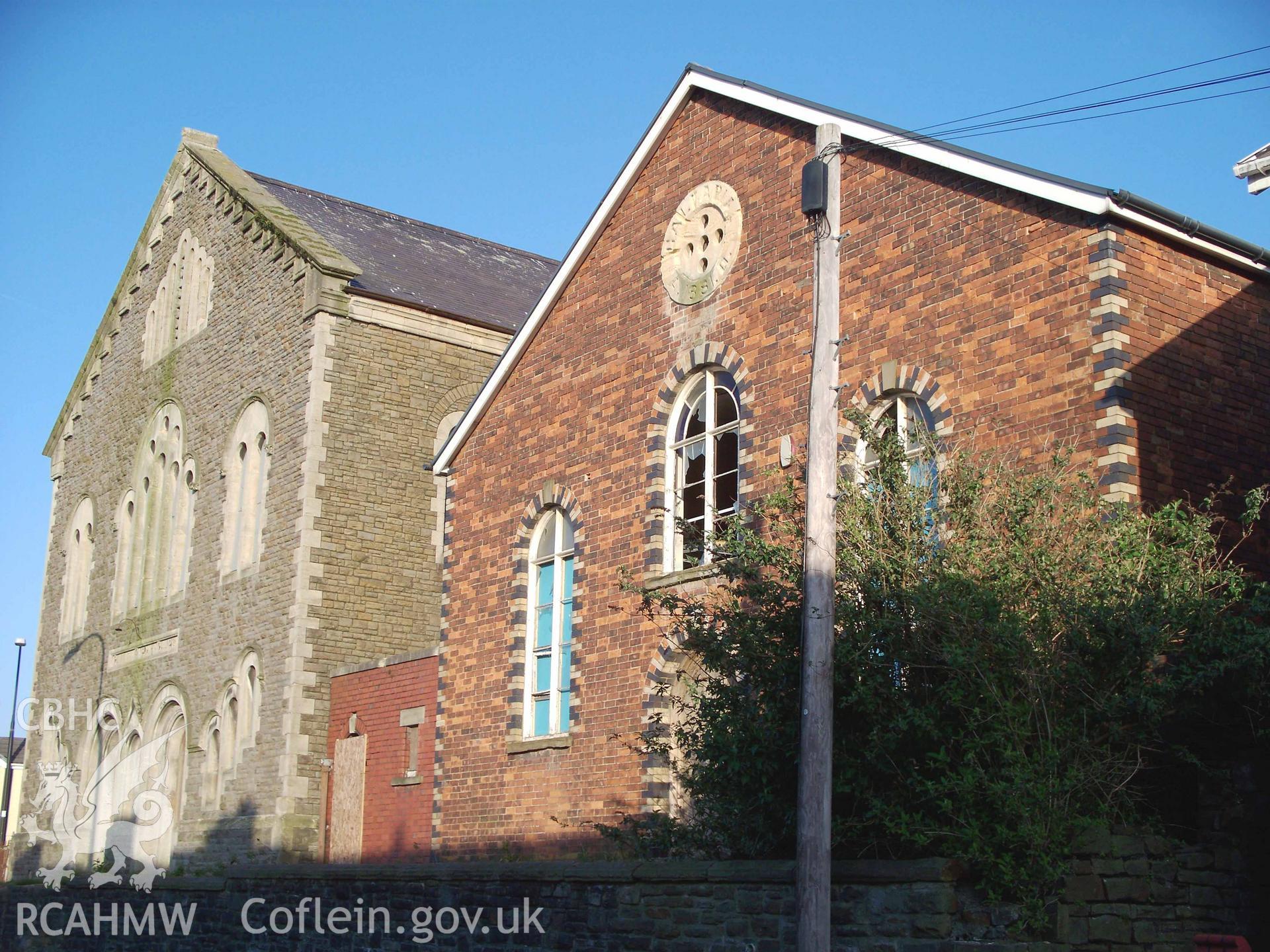 Main NW facades of Sunday School (right) and main chapel (left) from the west.