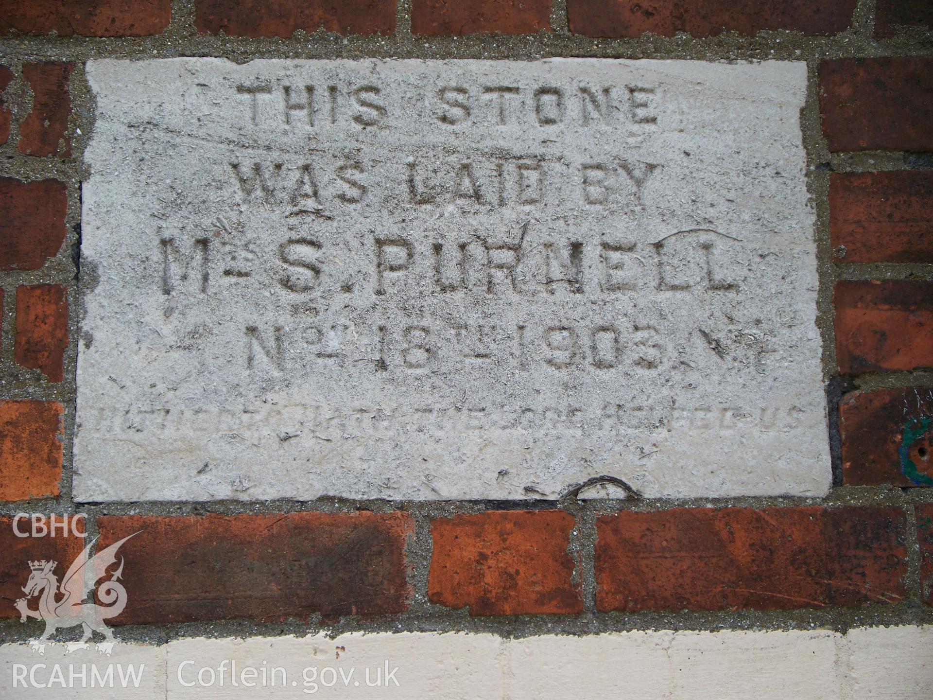 Foundation stone Mrs. S. Purnell Nov 18 1903.