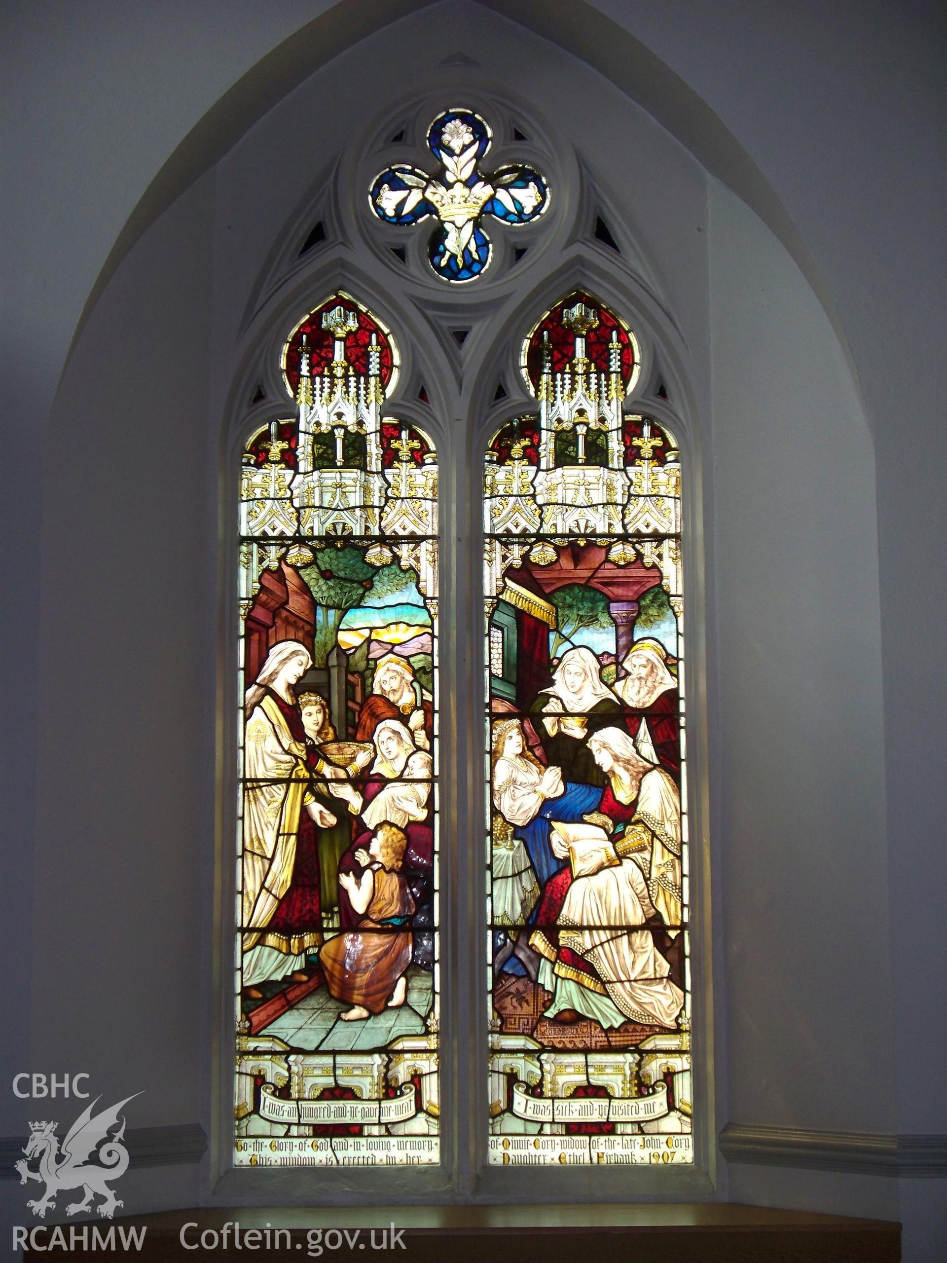 Memorial window to Minnie Cory, widow of John Cory, erected by daughter Ethel Firbank 1907.