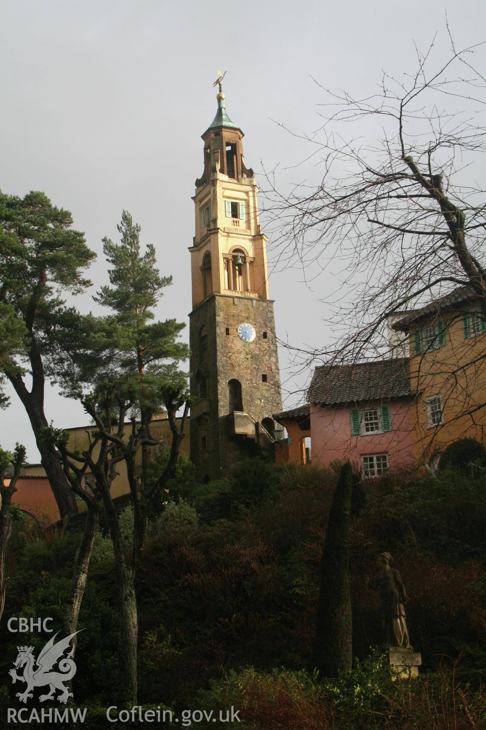 The Campanile in Portmeirion from the south-west which is said to have been constructed out of stone from the castle.