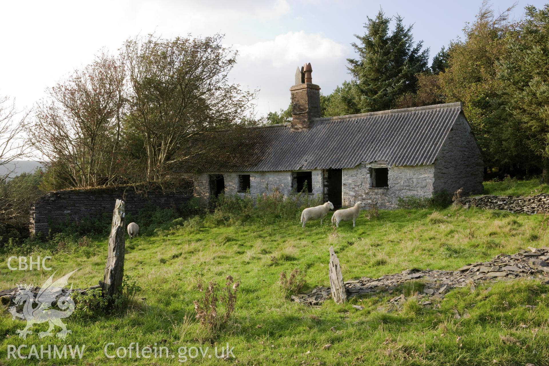 View from the southeast, with sheep.