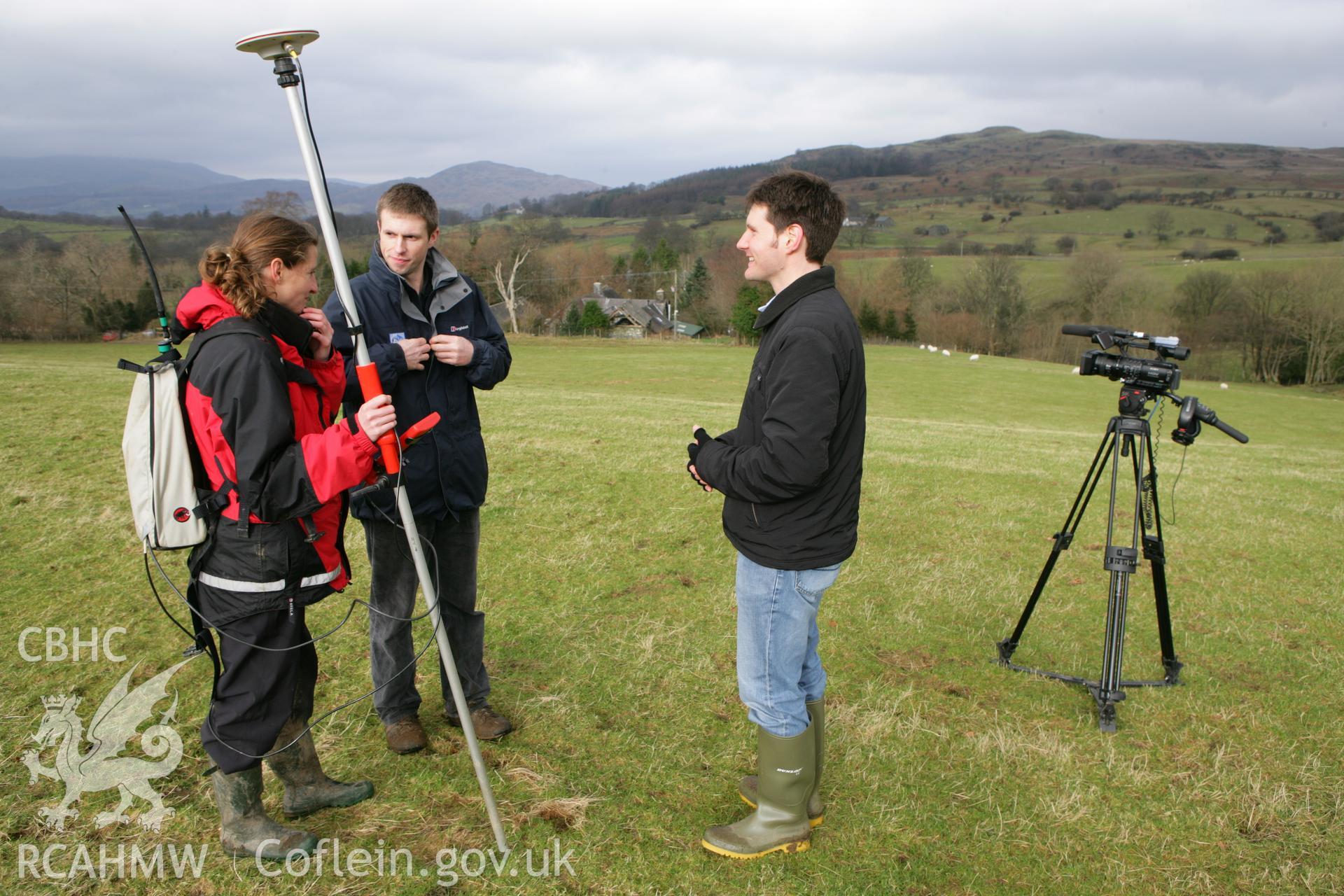 Filming for BBC Wales 'After the Gold Rush', John Roberts (SNP) and Louise Barker (RC) with Carwyn Edwards (director)