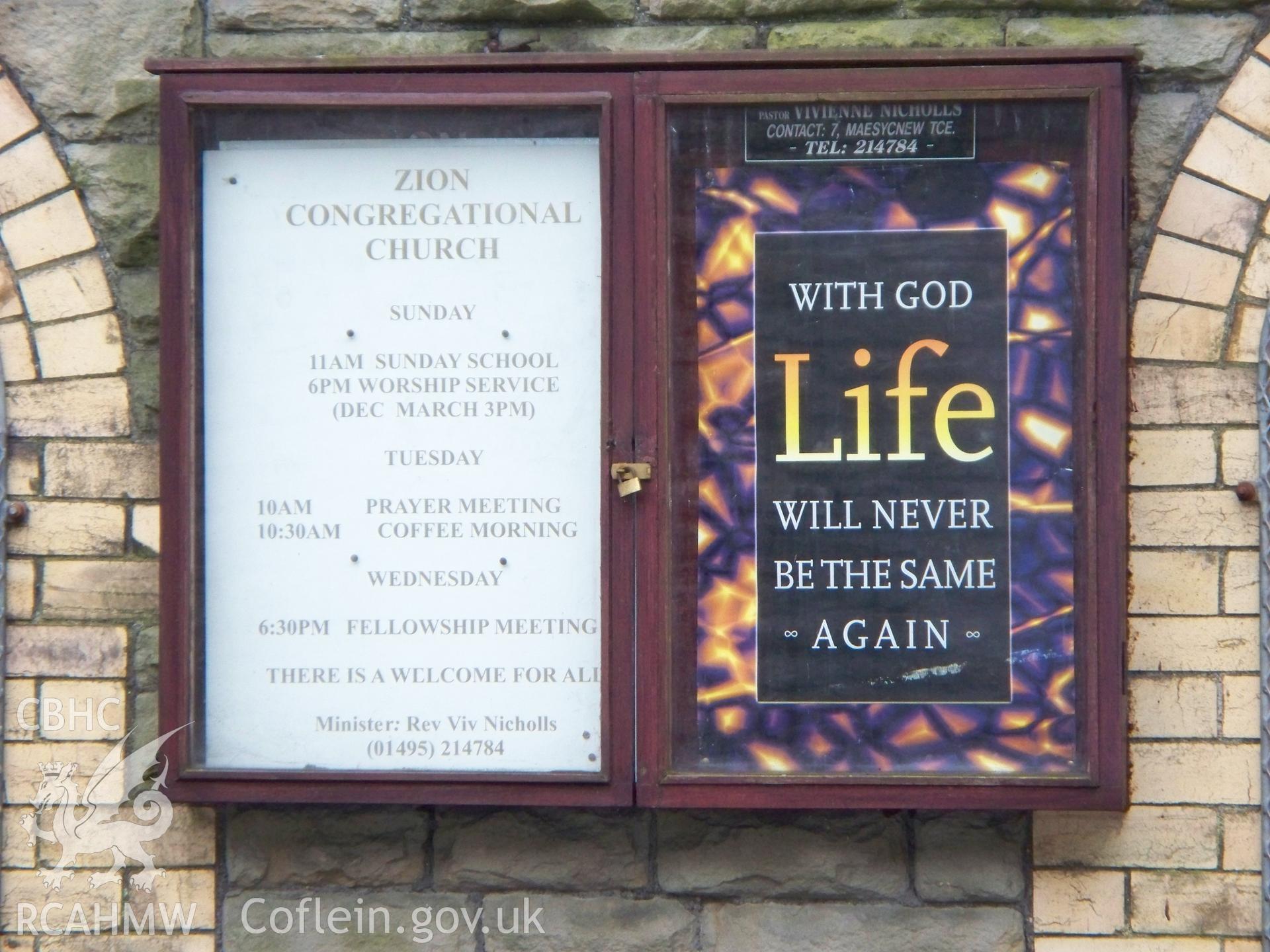 'Zion Congregational Church' order of services board.