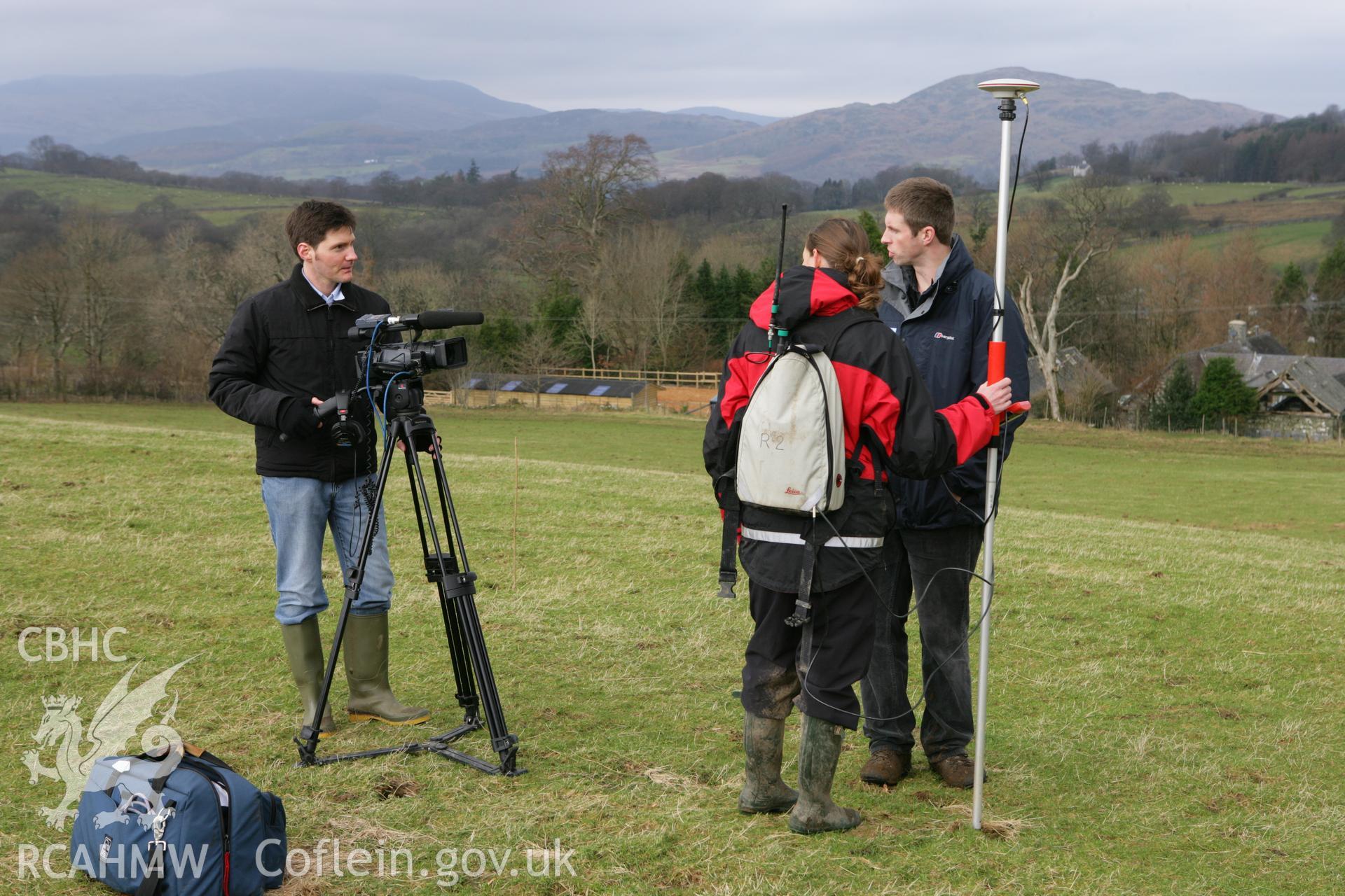 Filming for BBC Wales 'After the Gold Rush', John Roberts (SNP) and Louise Barker (RC) with Carwyn Edwards (director)