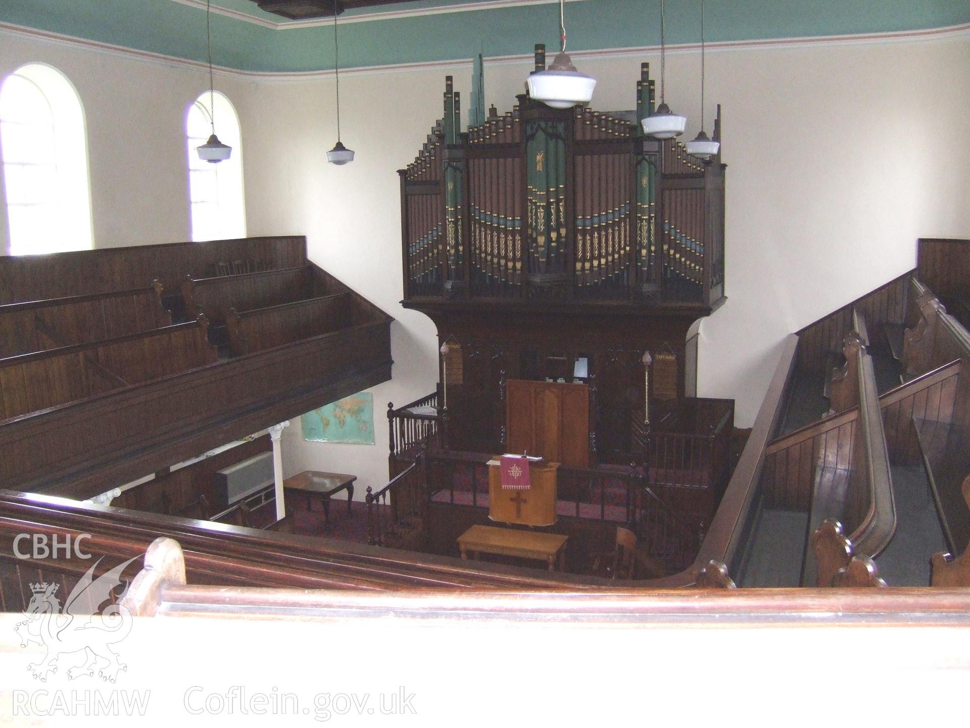 Chapel interior showing the organ on which Cwm Rhondda was first played for singing.