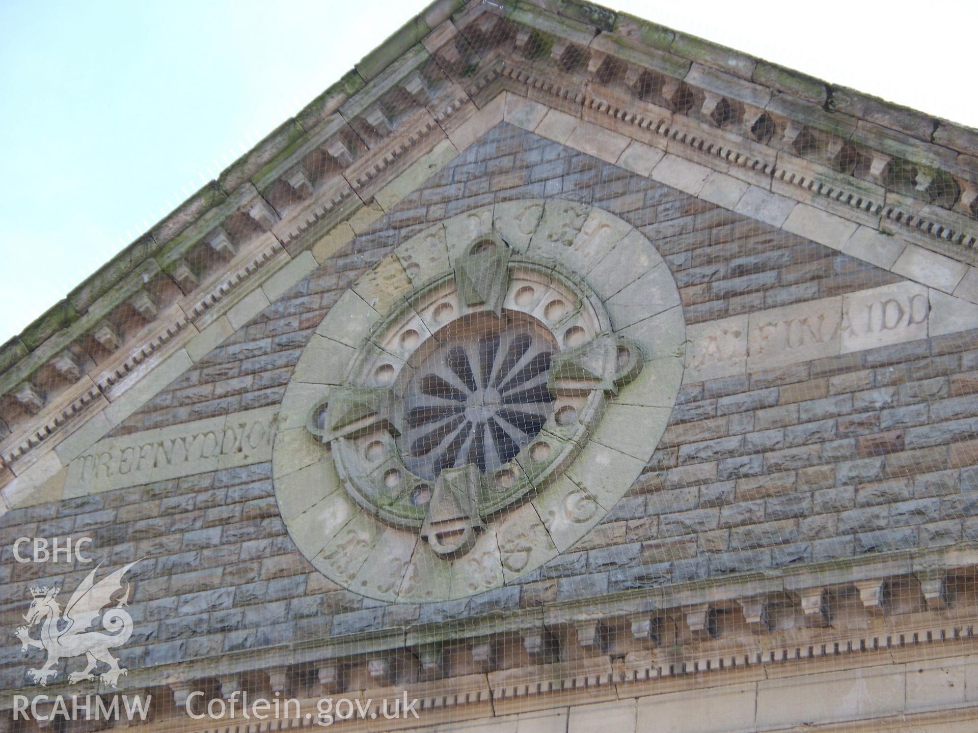 Calvinist Methodist banner plaque in SW gable flanking vent.