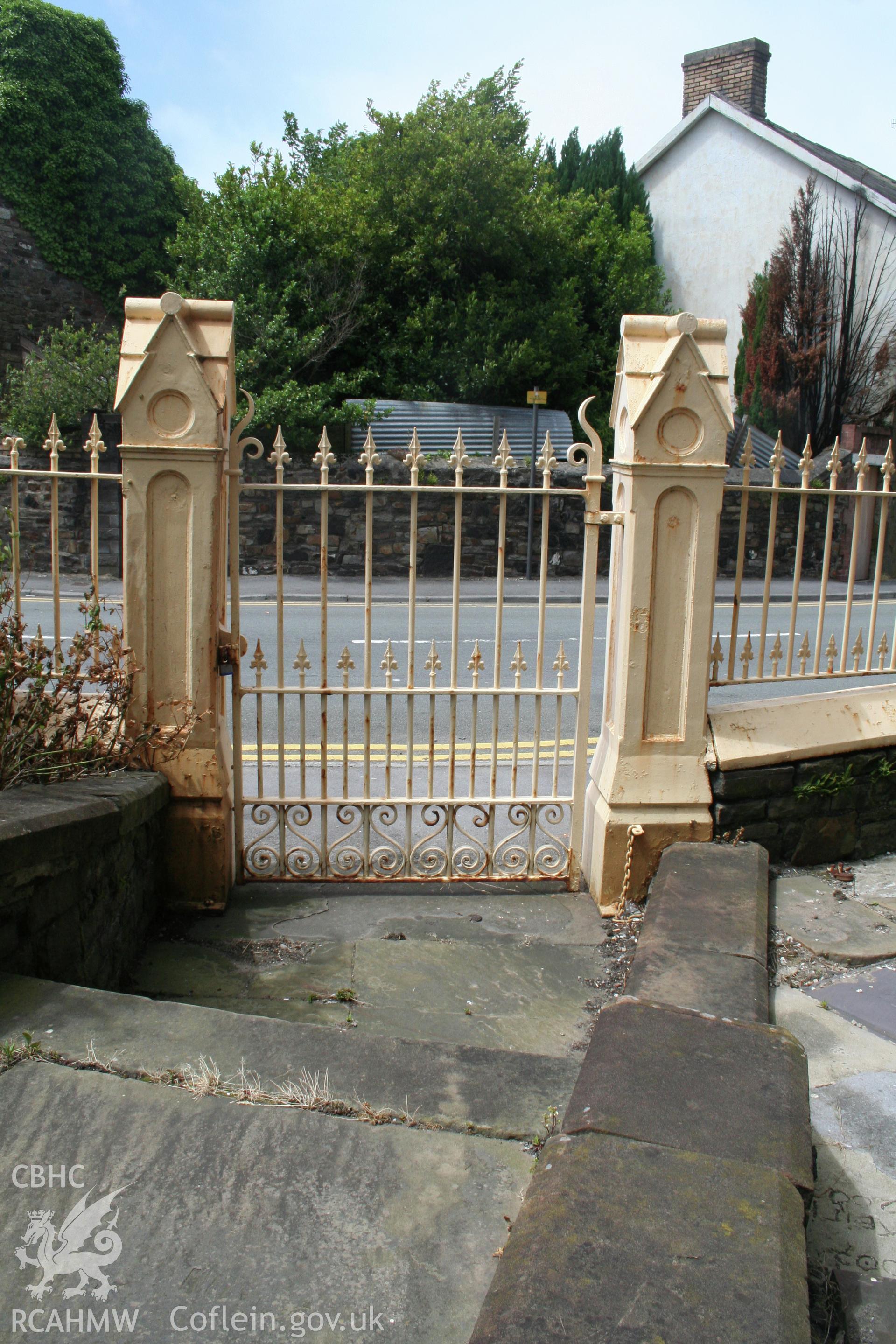 Capel Als, gate posts and wrought iron railing to chapel forecourt.