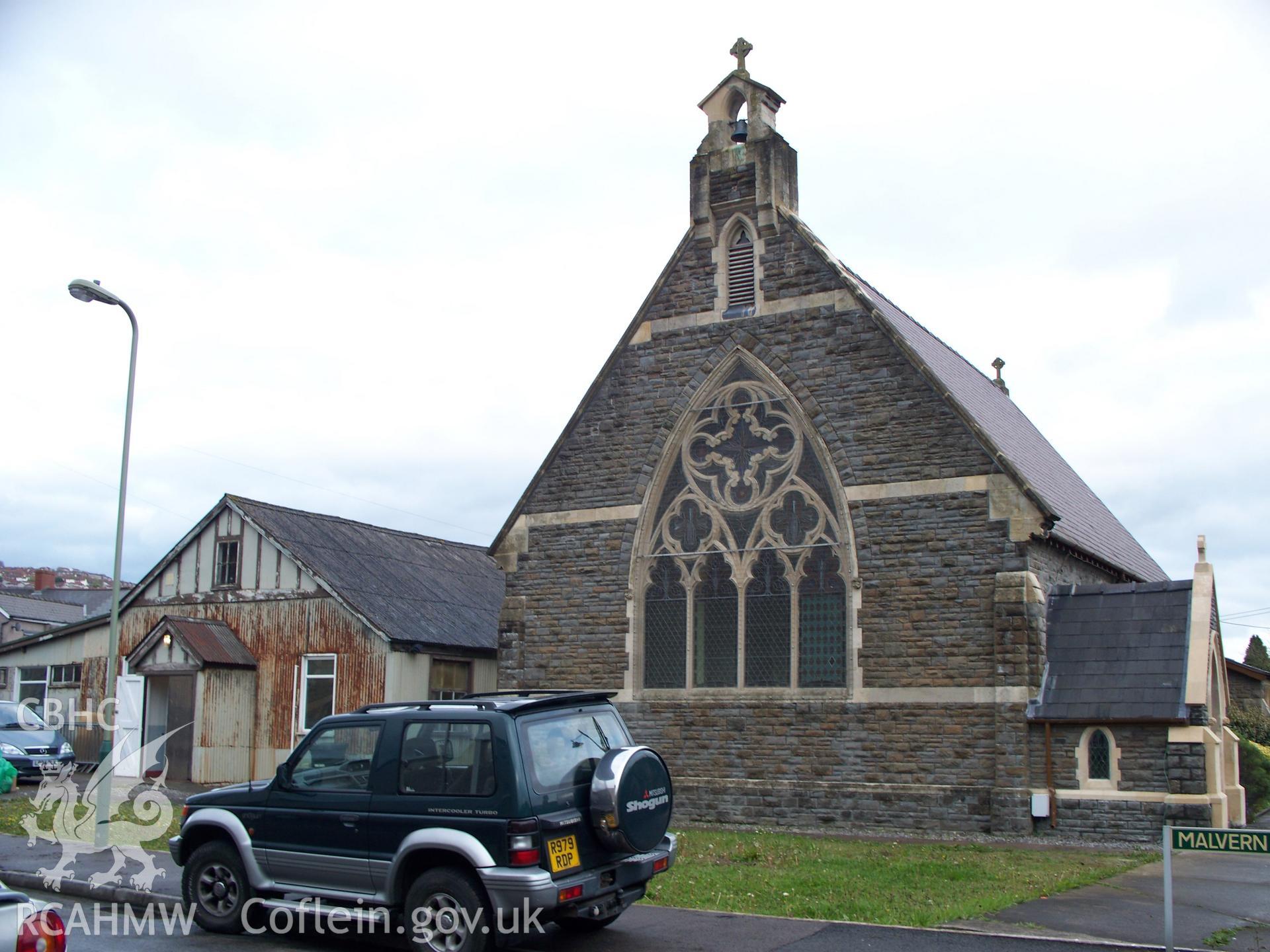 NW gable of church and church hall from the west.