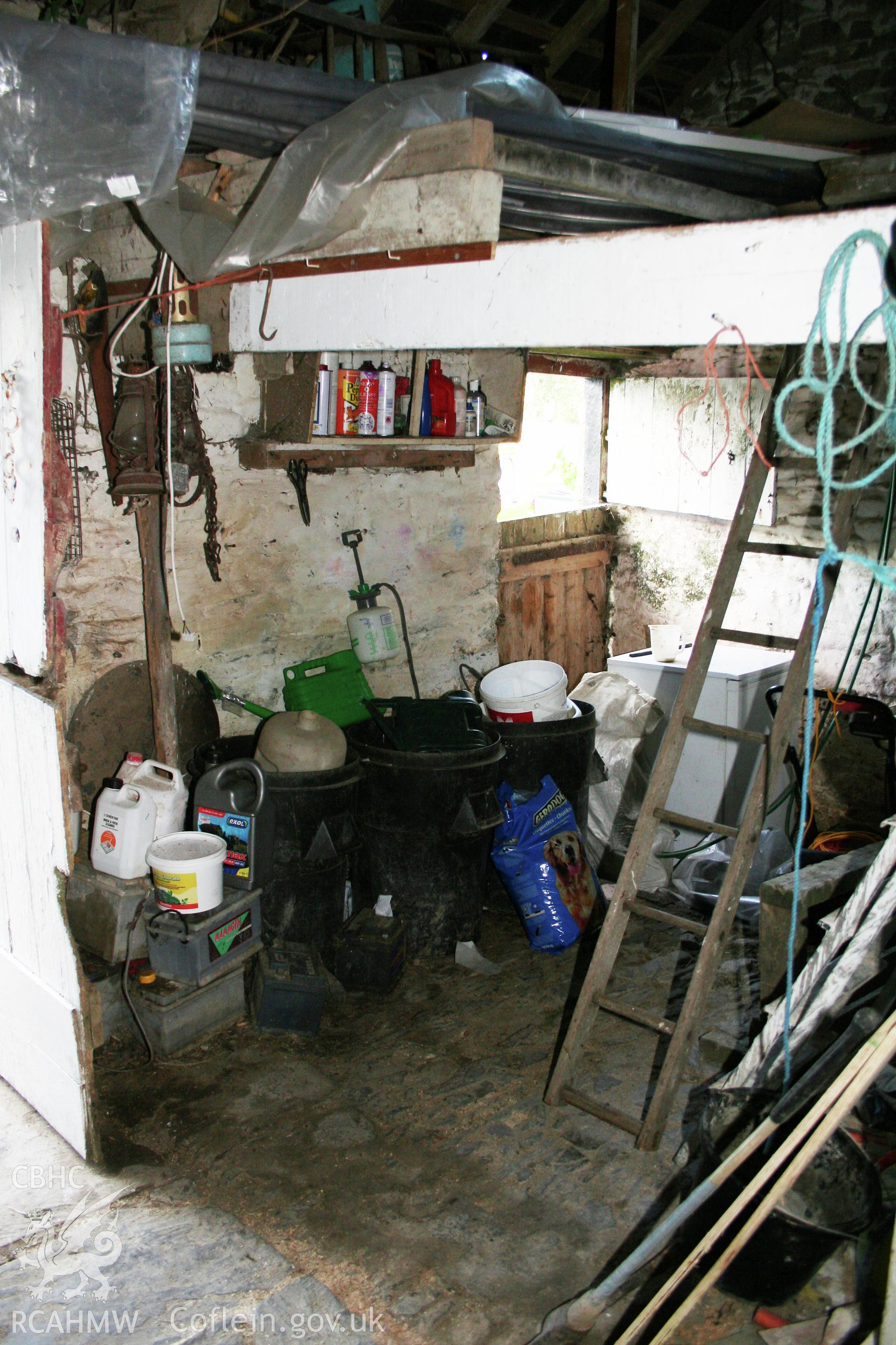 Detached 19th century cow-house/barn range, cow-house with cobble floor & tethering at tie-beam truss.