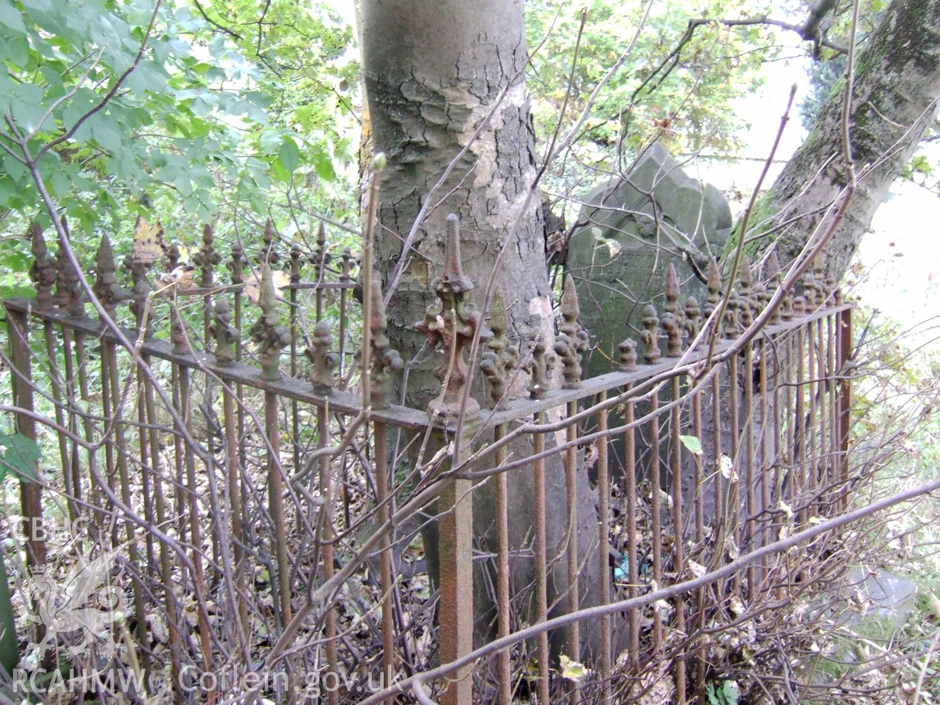 Railed enclosure to memorial of Thomas Morgan to east of chapel.