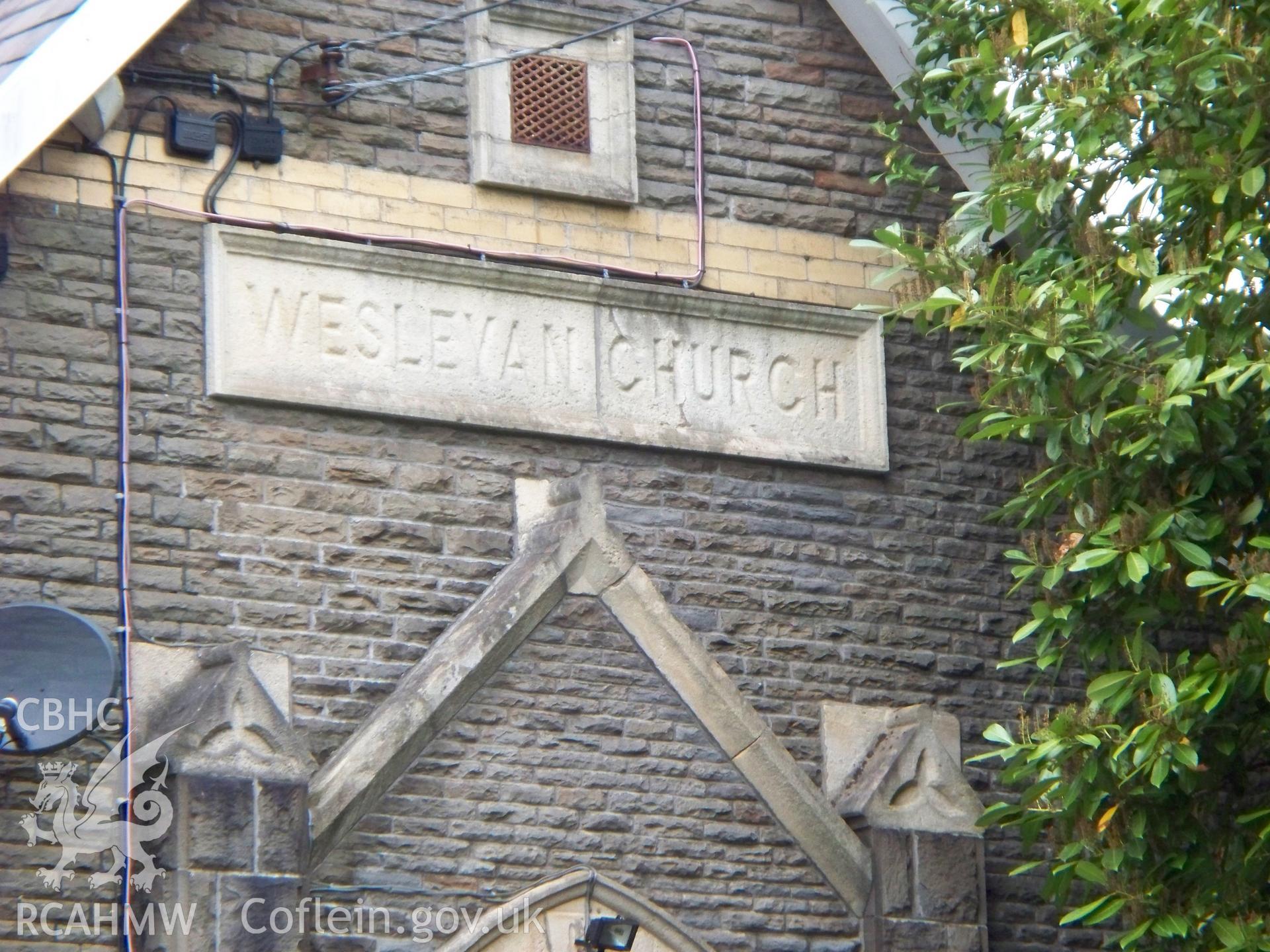 'Wesleyan Church' SE plaque & satellite dish, probably secondary use.