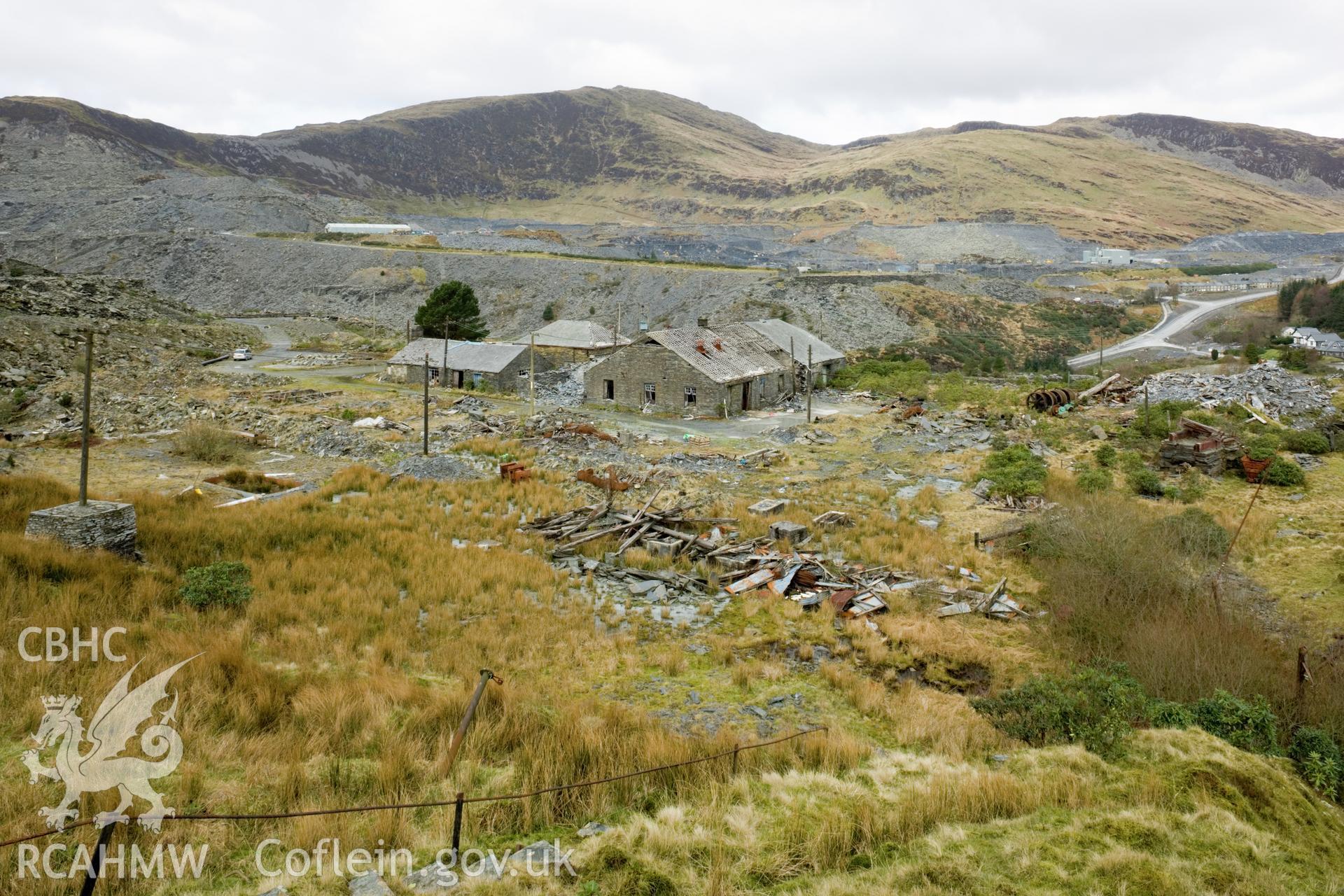 Distant view of quiarry buildings from east.