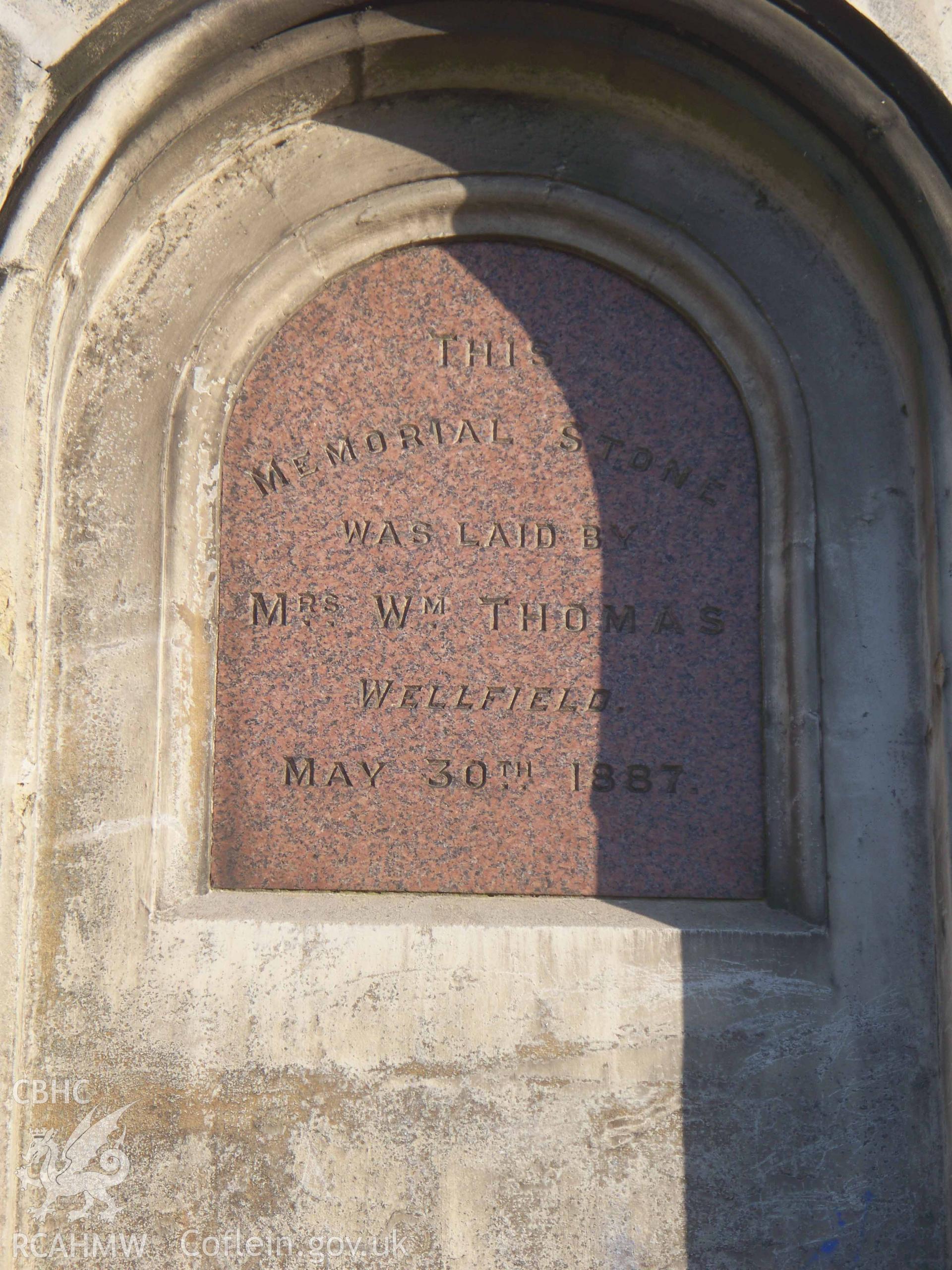Foundation/memorial stone by Mrs William Thomas May 30 1887.
