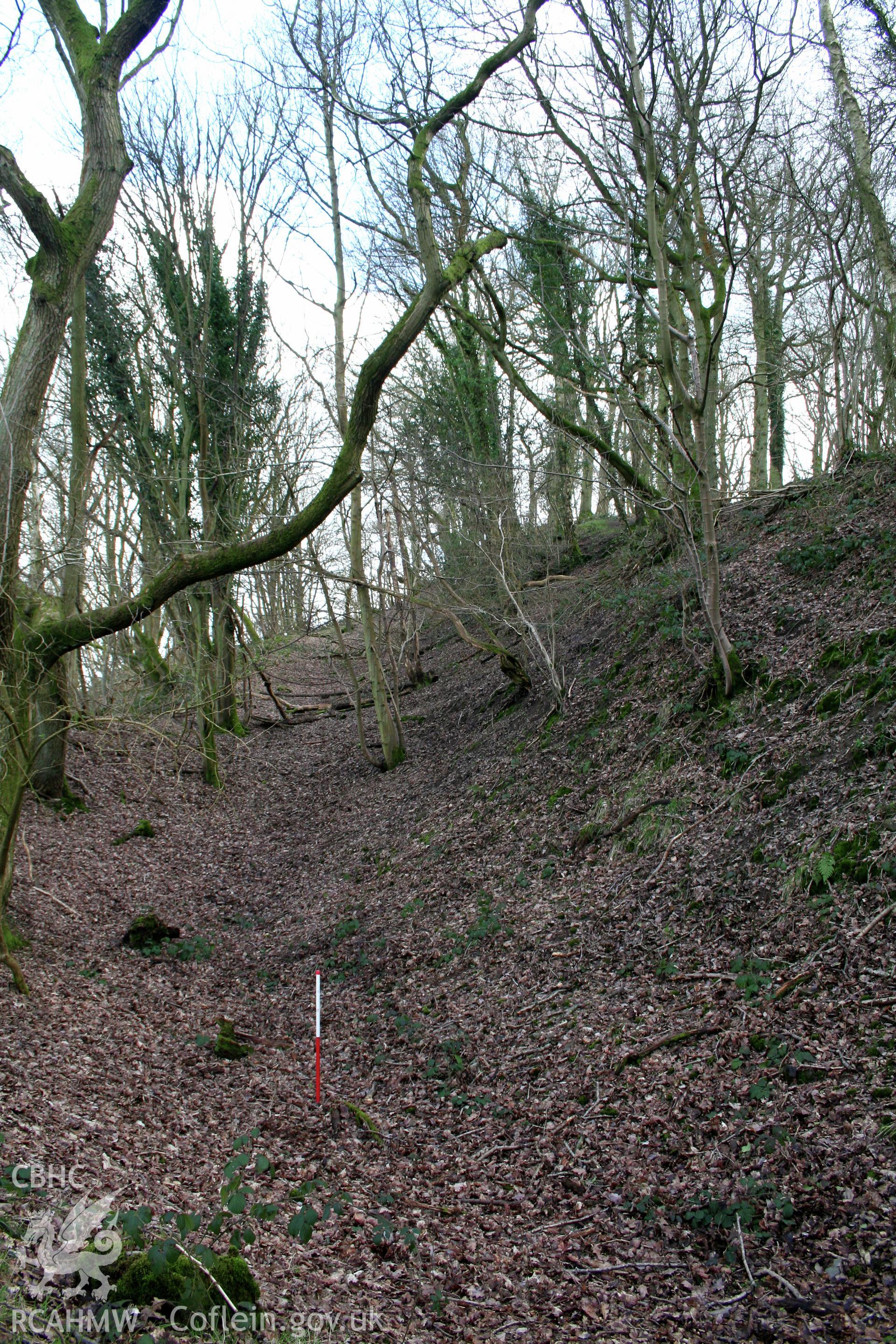 Gaer Fawr Hillfort. Looking north along the ditch of the western ramparts (with scale).