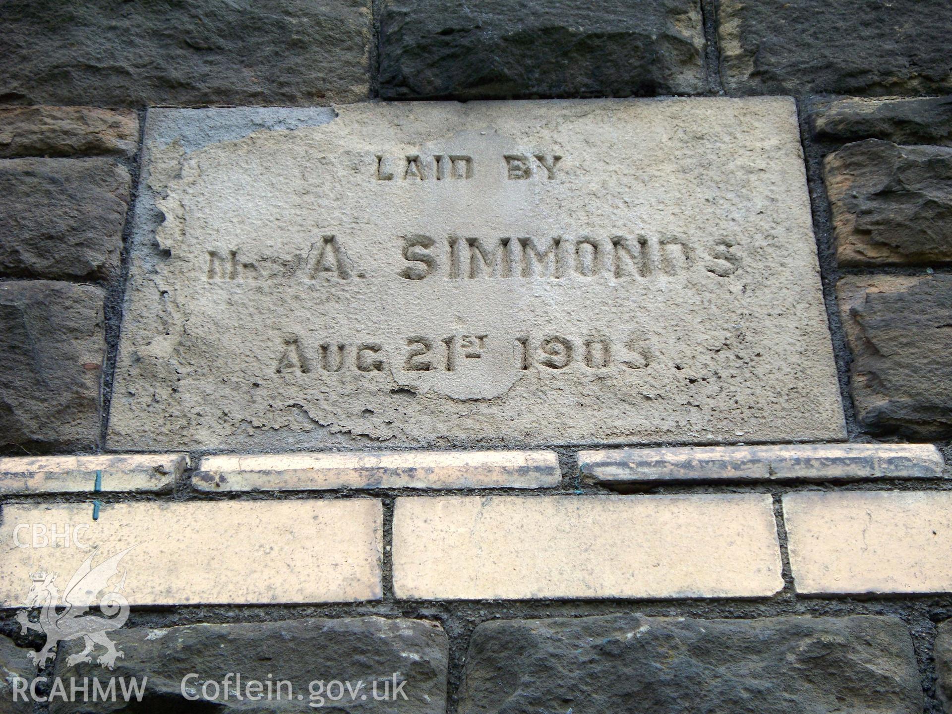 SE front foundation stone A. SIMMONDS AUG 21 1905