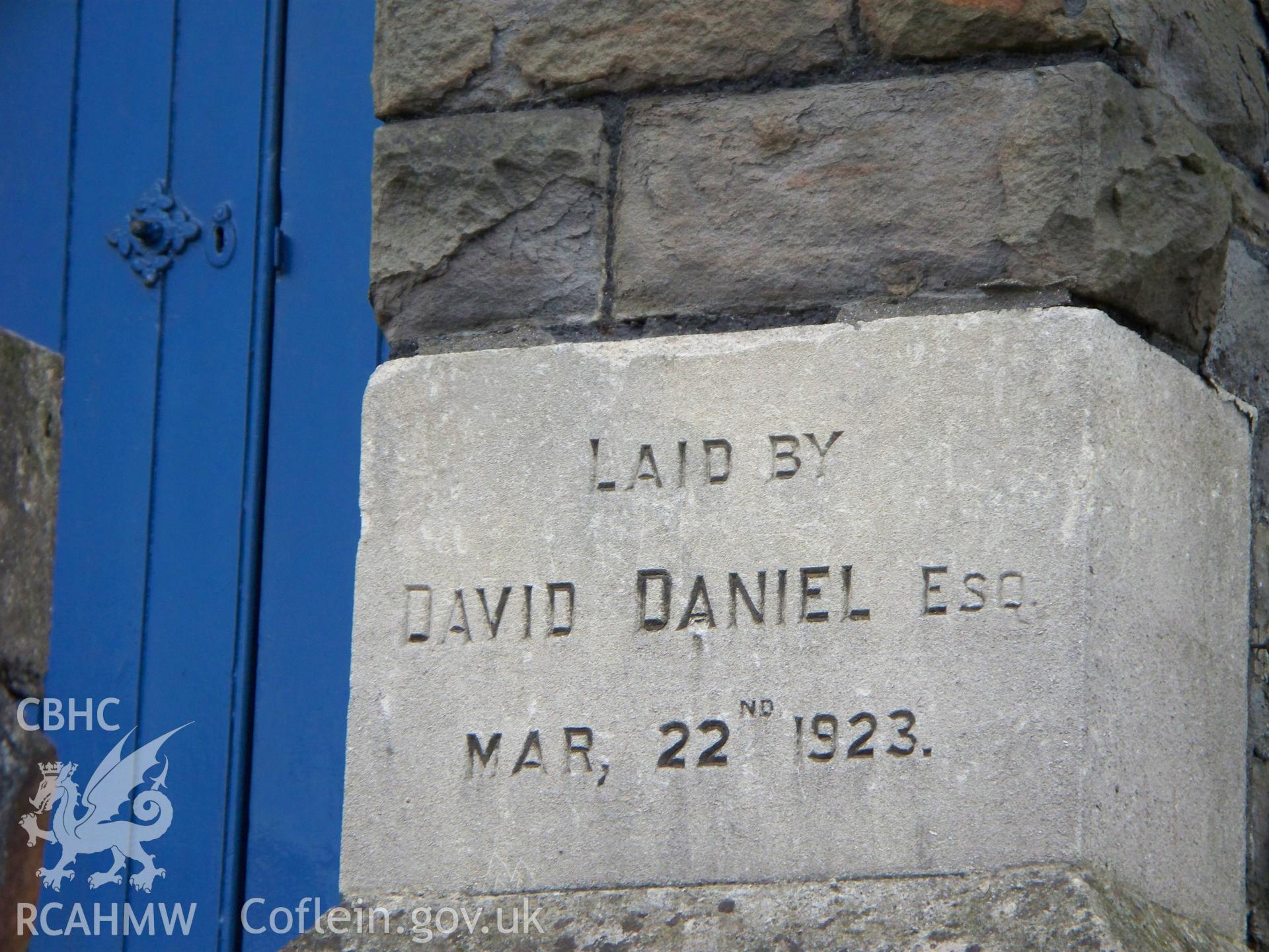 Foundation stone by David Daniel to the right of the main N. door.