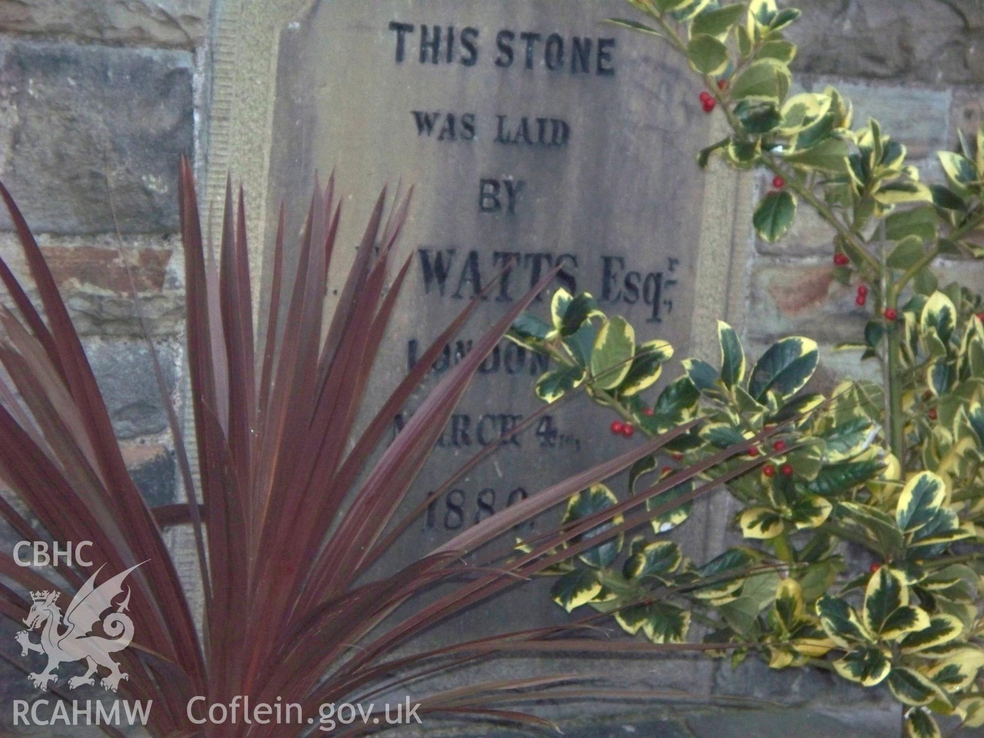 Watts foundation stone March 4 1880 on S of SW front.