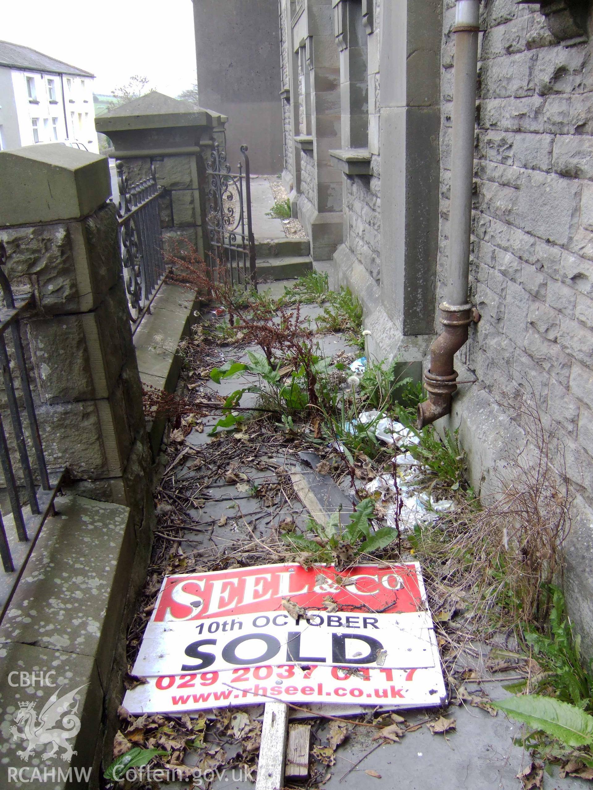 Fallen 'Sold' sign, SW entrance front looking north-west.