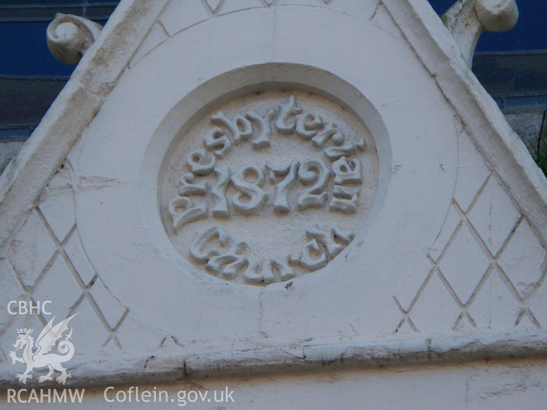`Presbyterian Church 1872? plaque set in gable porch on NE front.