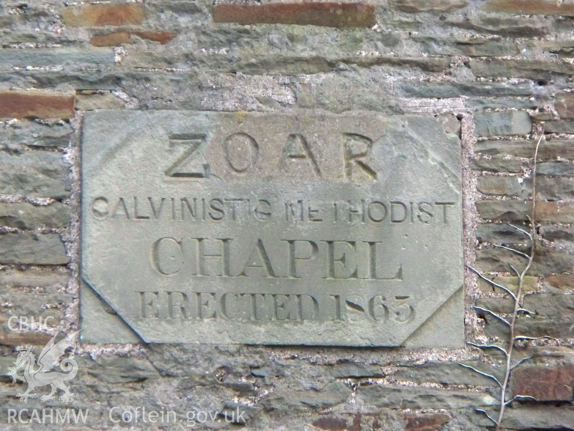 Plaque on north front 'ZOAR CALVINISTIC METHODIST CHAPEL ERECTED 1863'.
