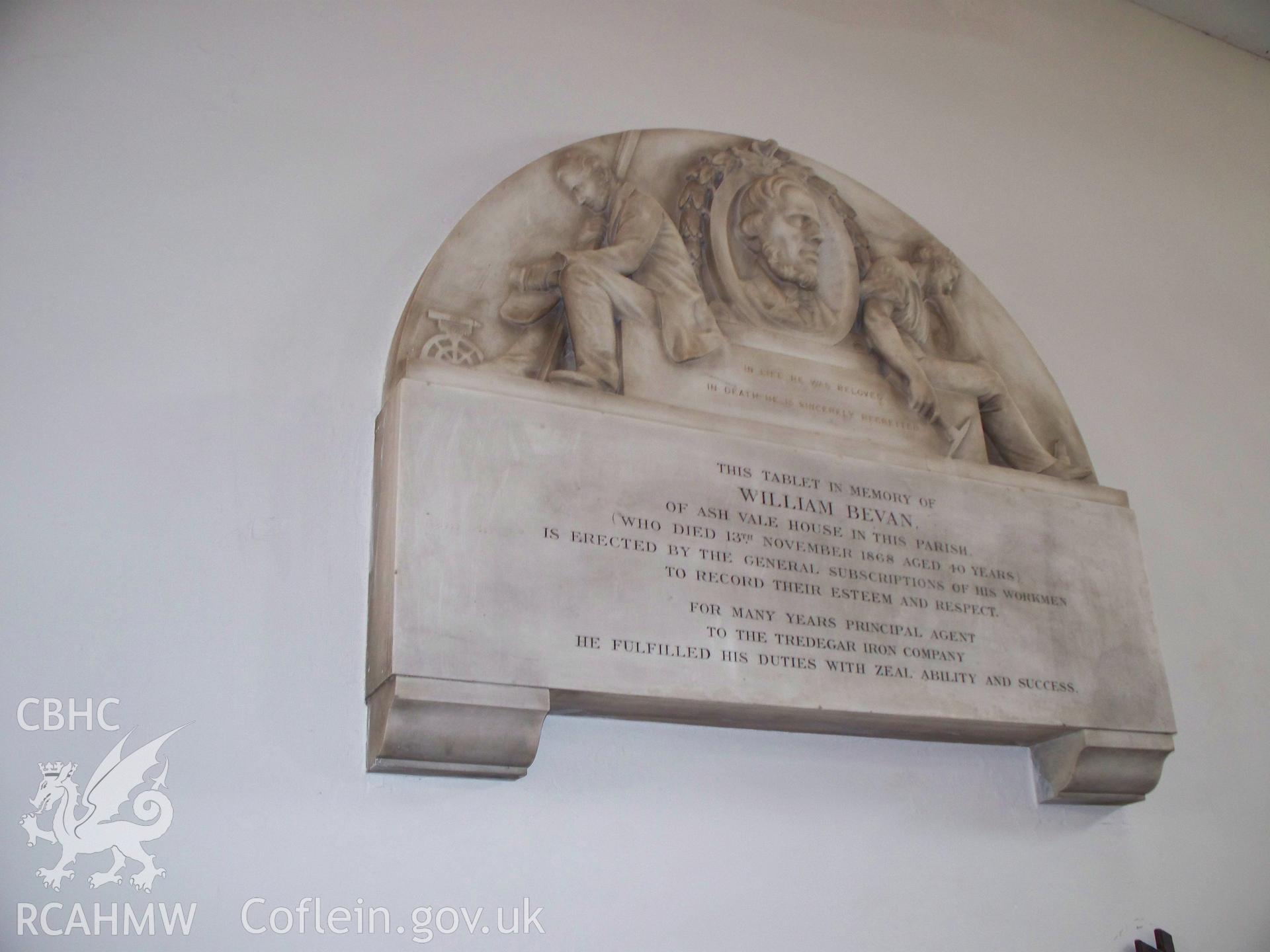 Memorial to William Bevan, Agent Tredegar Iron Co., 1868 aged 40.