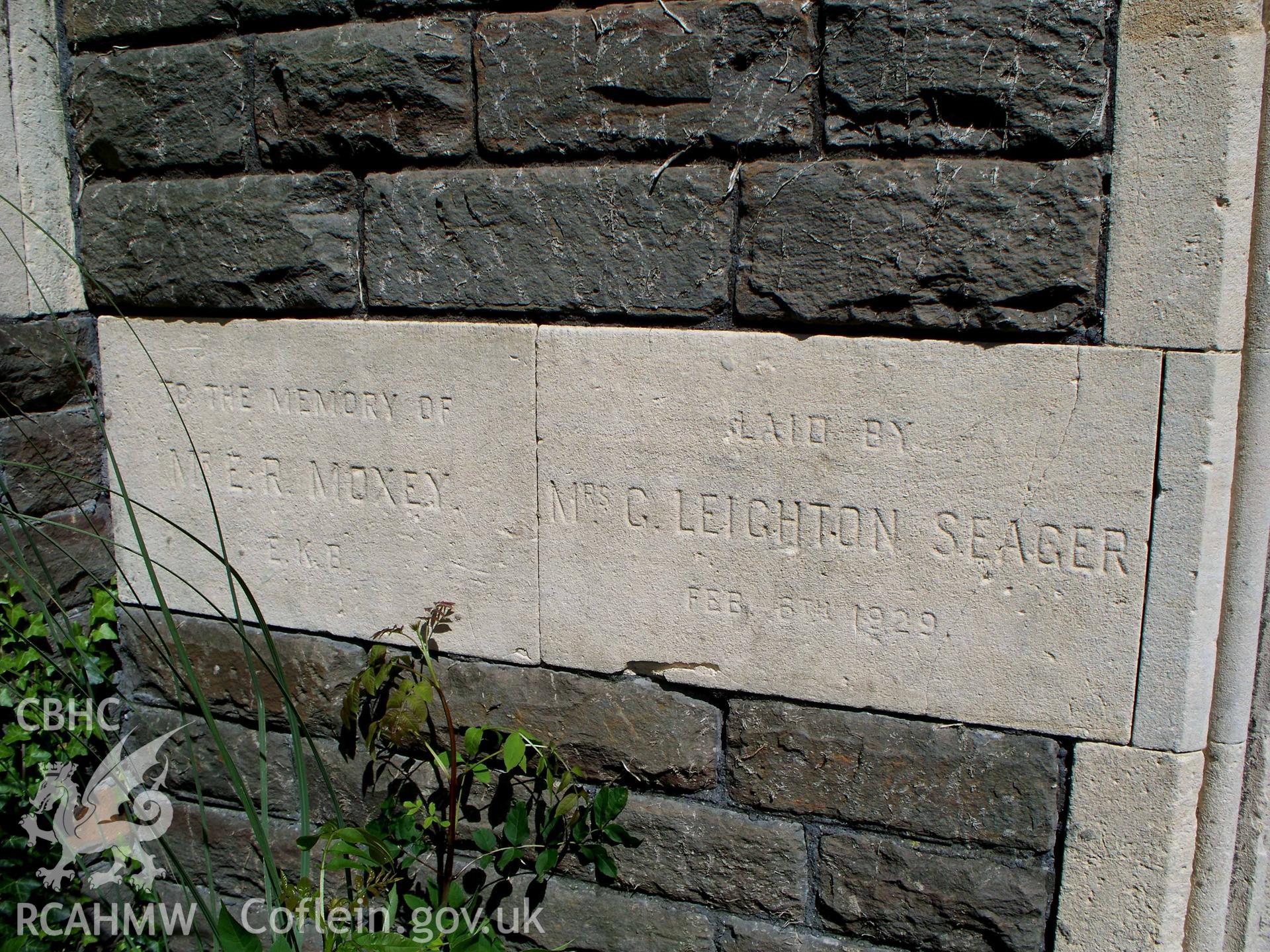 Foundation stones to left of SW 1929 door 'MR. E.R. MOXEY EKB'.