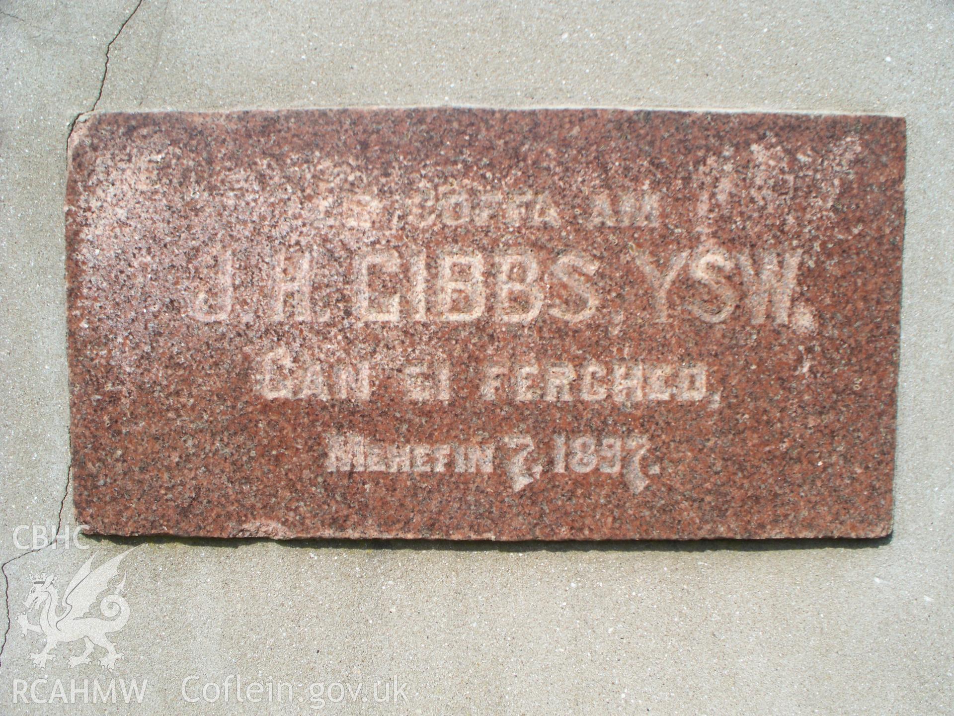 East foundation stone J.H.Gibbs June 7 1897 SW front.