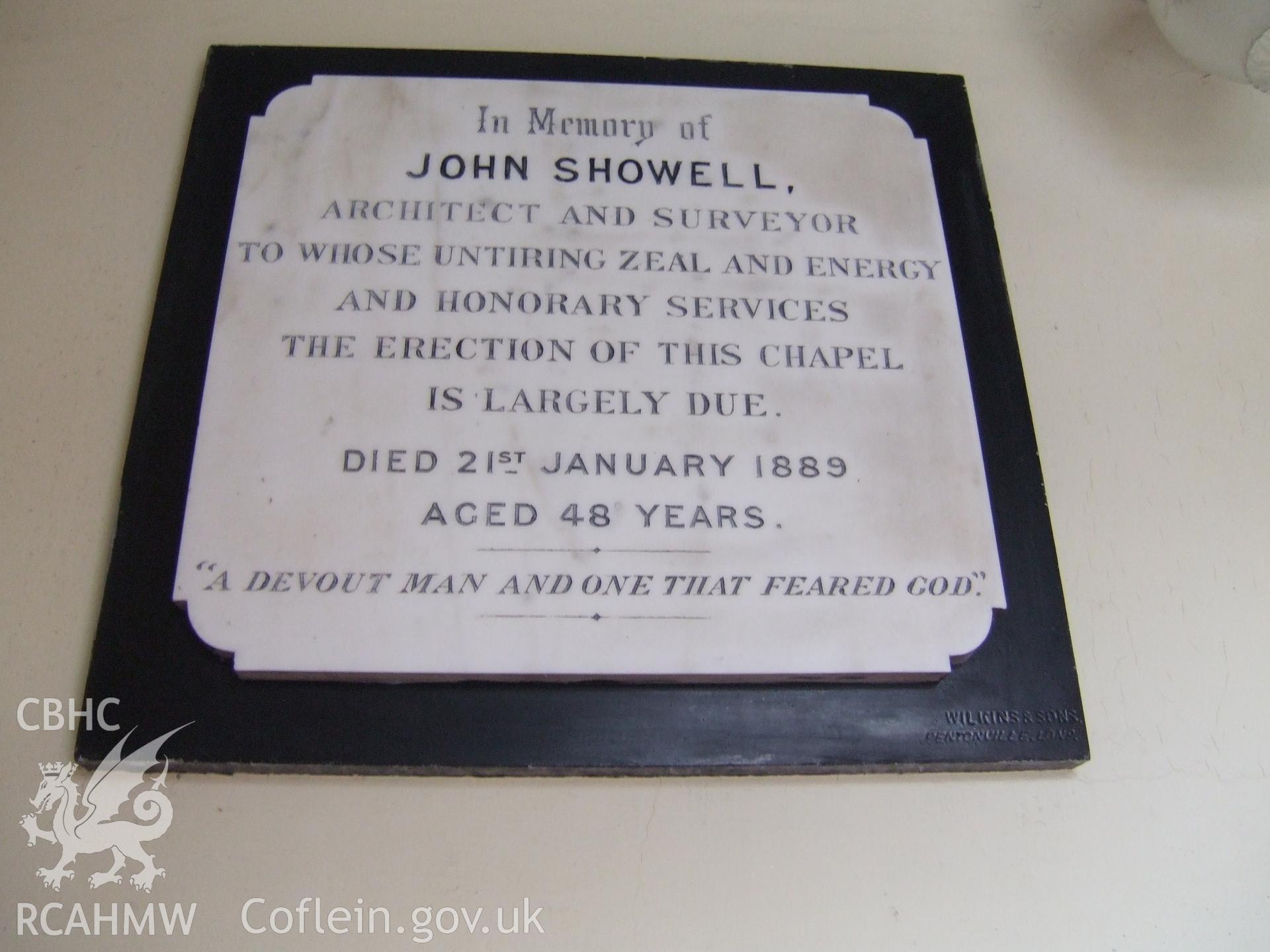 Memorial tablet to John Showell, Architect of the chapel.