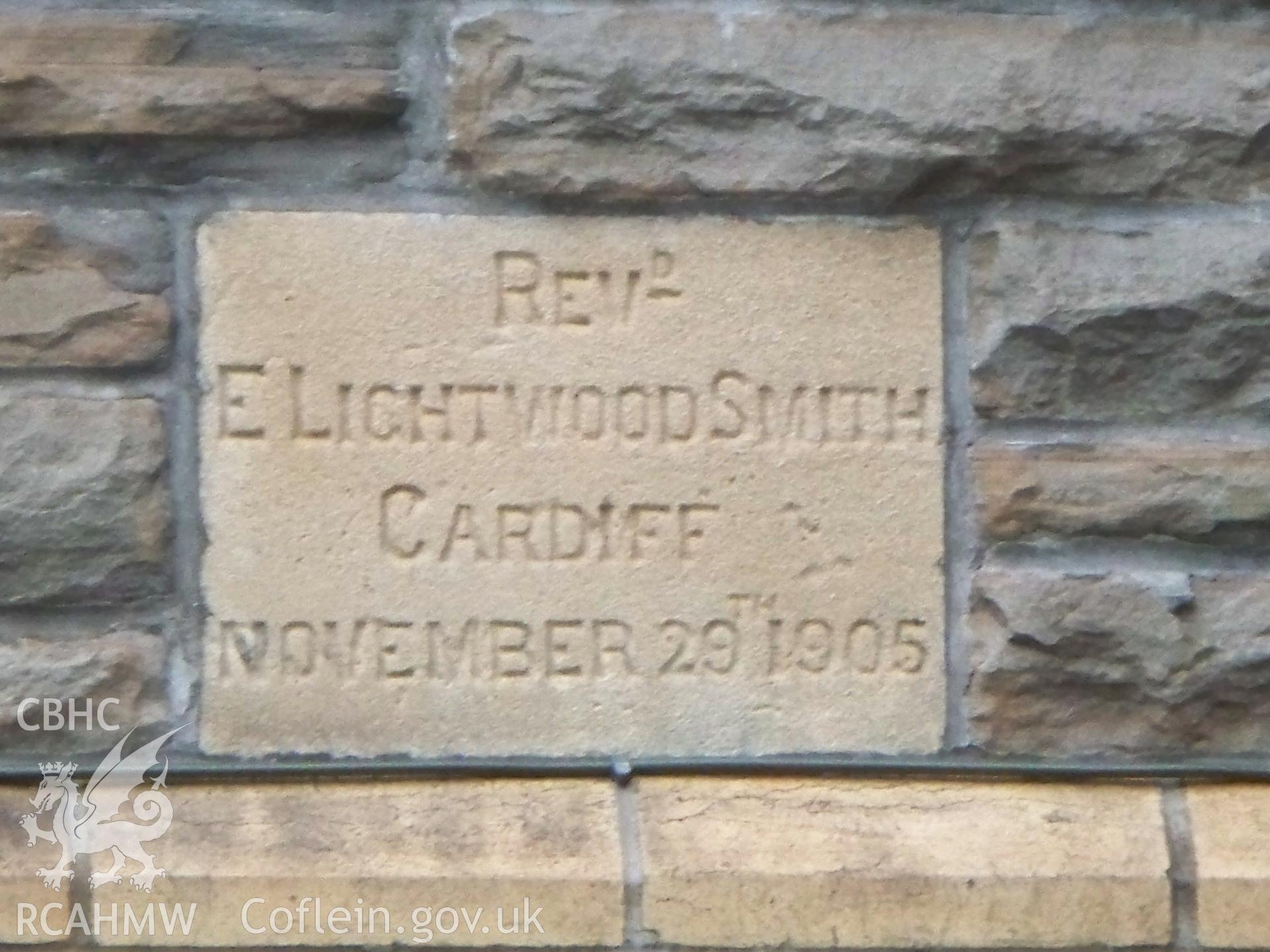 'Revd E Lightwood Smith Cardiff November 29th 1905' foundation-stone.