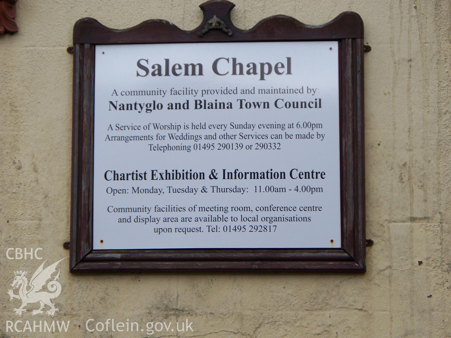 Board on SW front announcing use as a community facility, chapel & Chartist Museum.