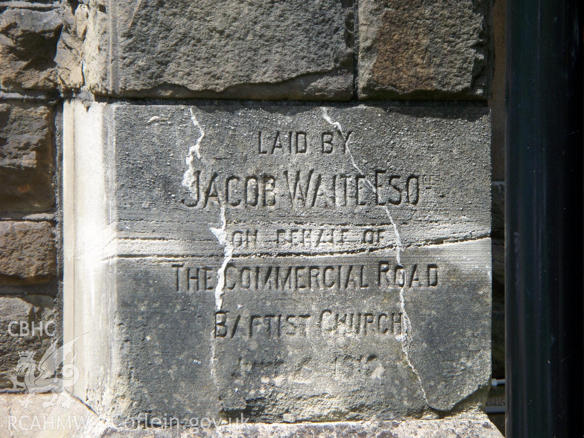 Foundation stone laid by Jacob Waite of the Commercial Rd. Bapt. Ch. 1912.