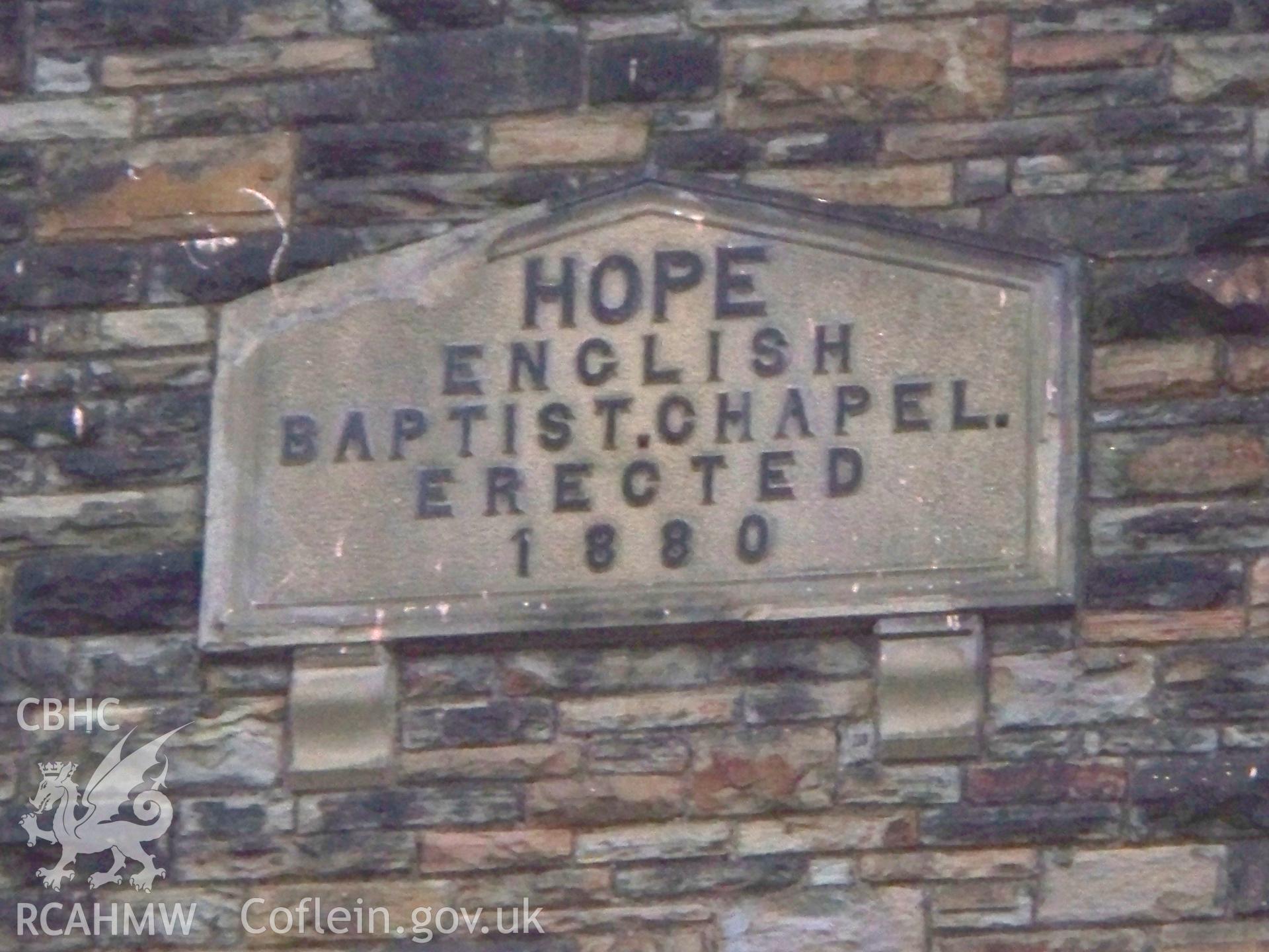 Hope 1880 date & name plaque in SW gable.