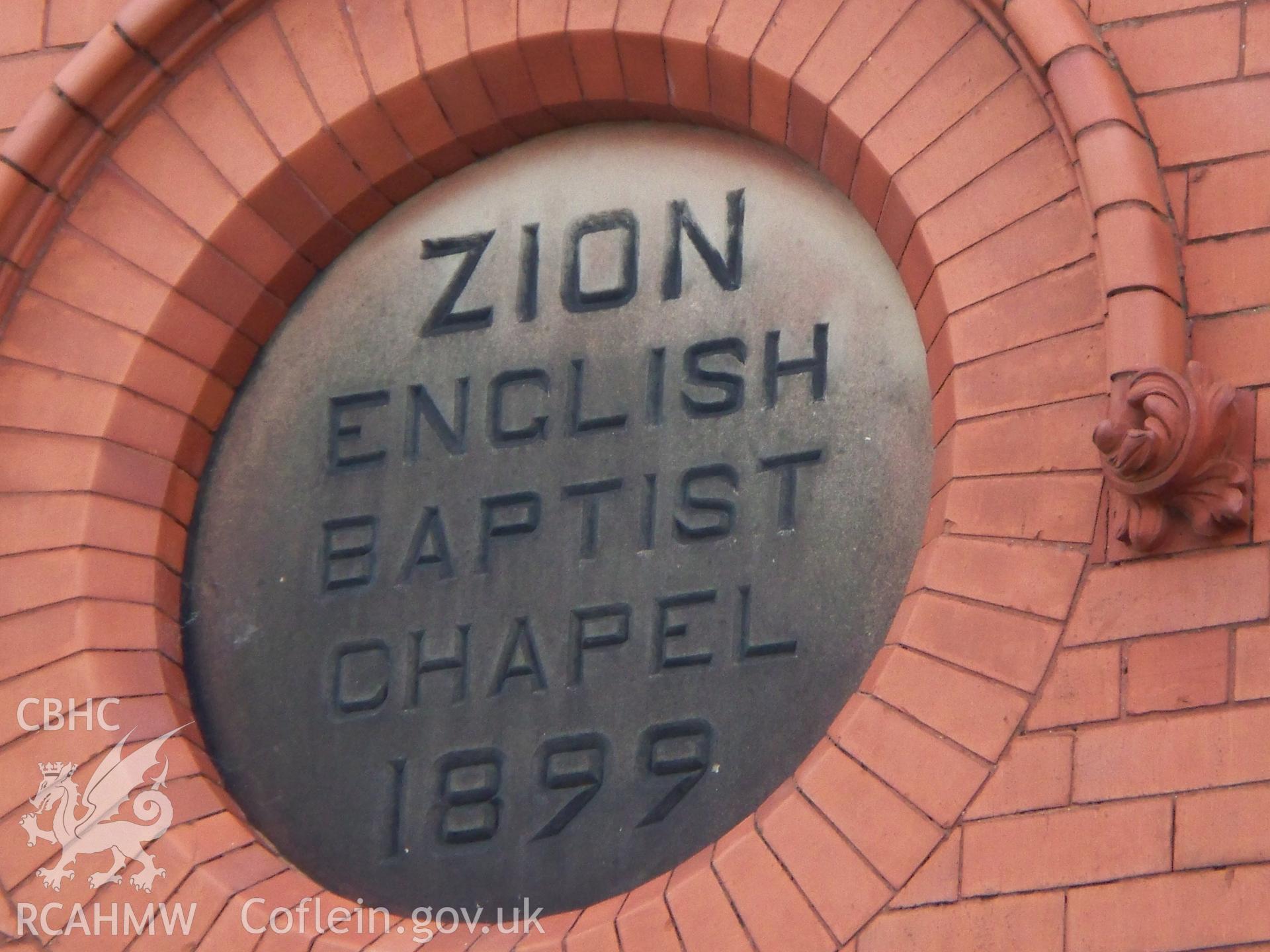 'ZION ENGLISH BAPTIST CHAPEL 1899' plaque on NE gable.