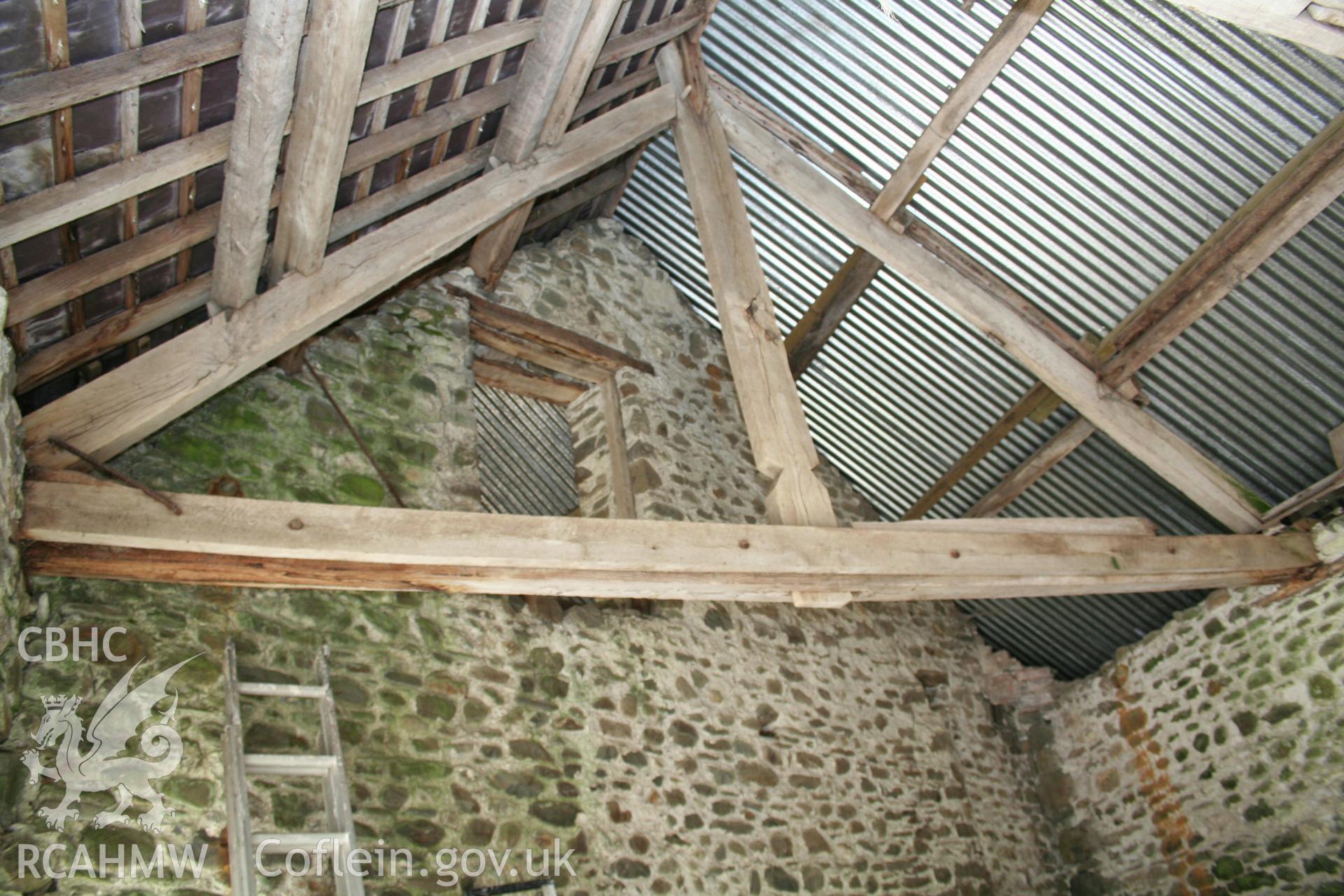 Interior view of Cart-house roof trusses at east.