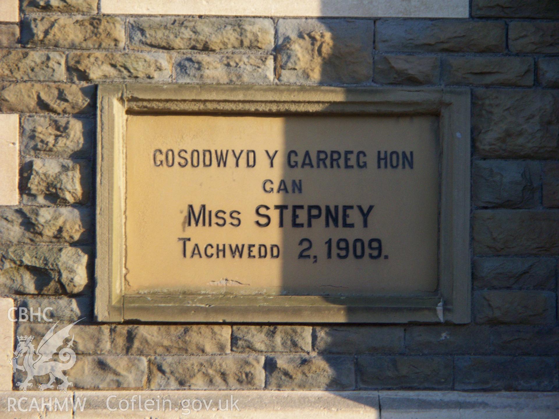 November 2 1909 foundation stone laid by Miss Stepney on left side of NW front.
