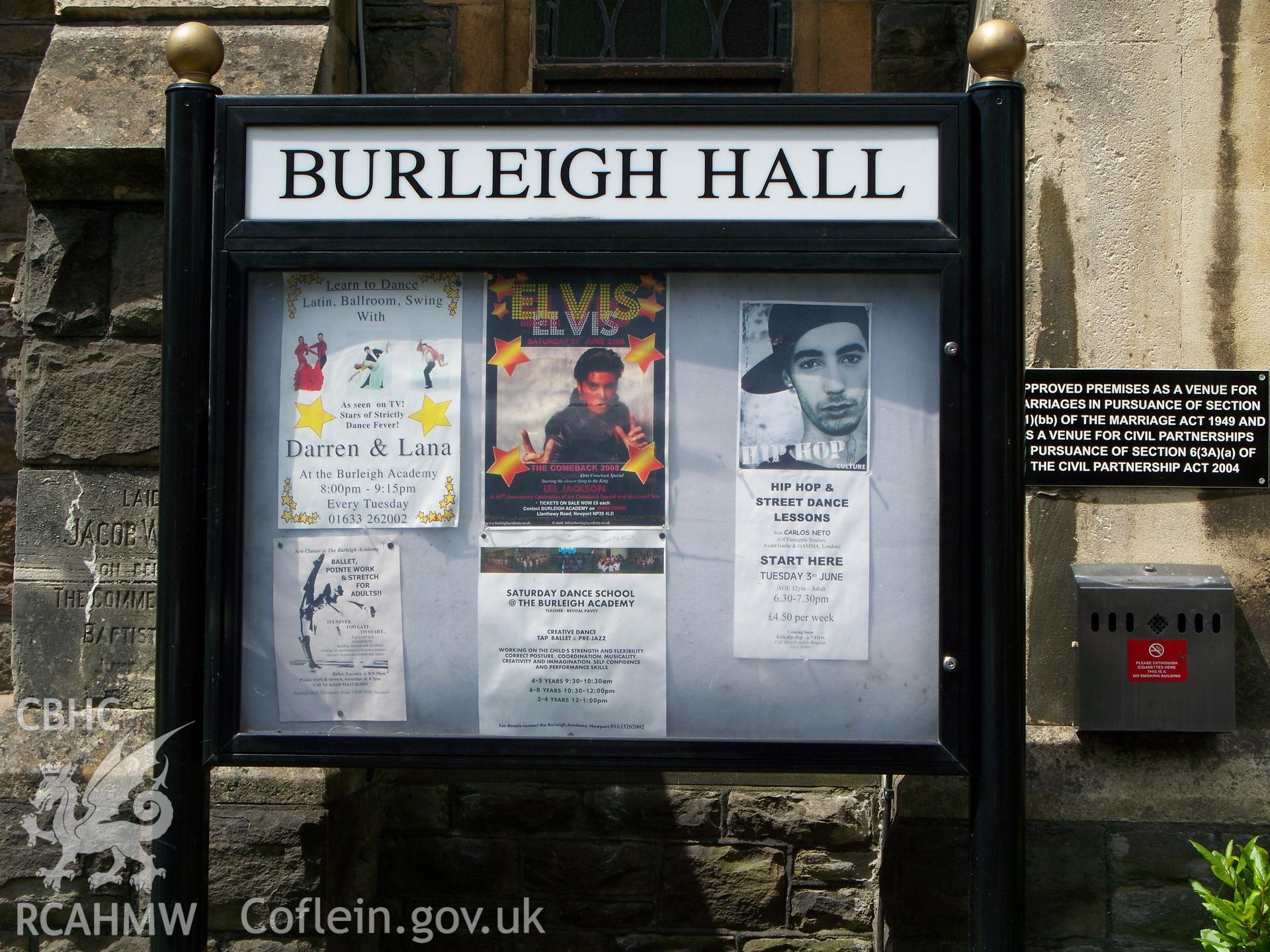 Noticeboard of 'Burleigh Hall' or 'Burleigh Dance Academy' secondary use.