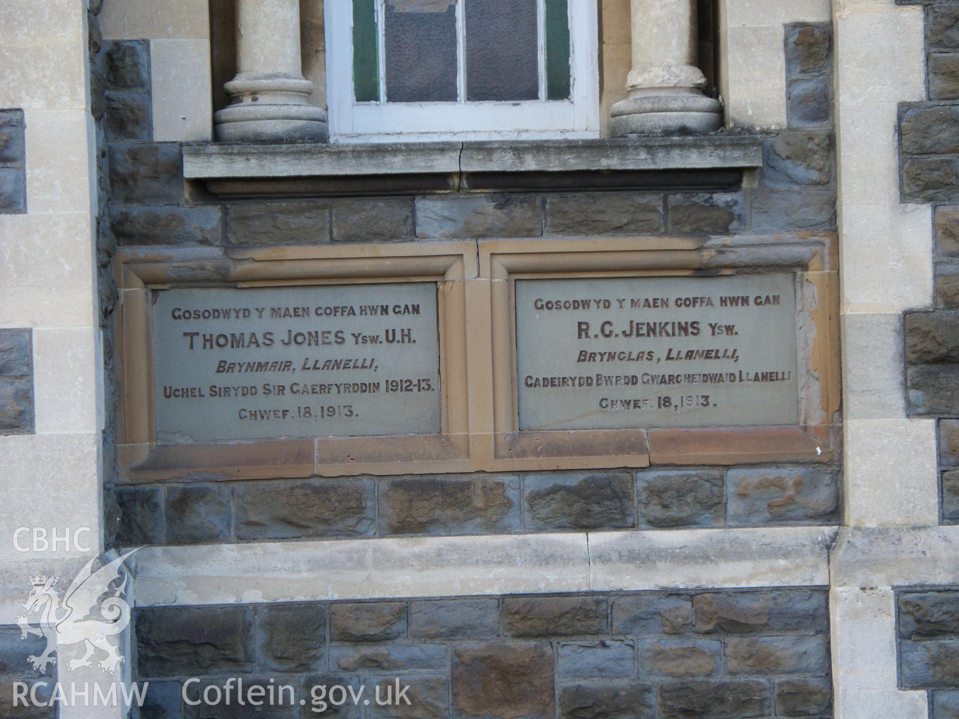 School foundation stones Thomas Jones & R.G. Jenkins 18 Feb., 1913.