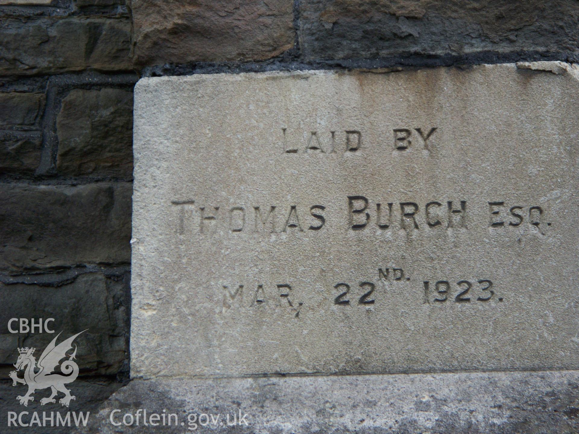 Foundation stone laid by Thomas Burch Mar. 22 1923 on N. front.