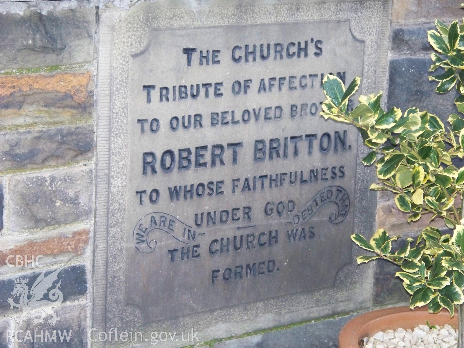 Robert Britton foundation stone on N side of SW front.