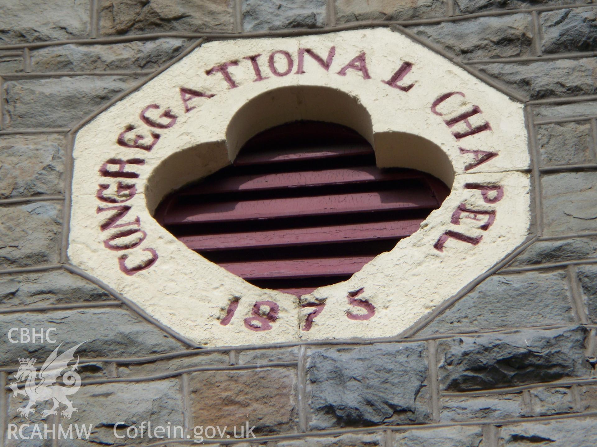 Date plaque 'Congregational Chapel 1875' around SW attic vent.