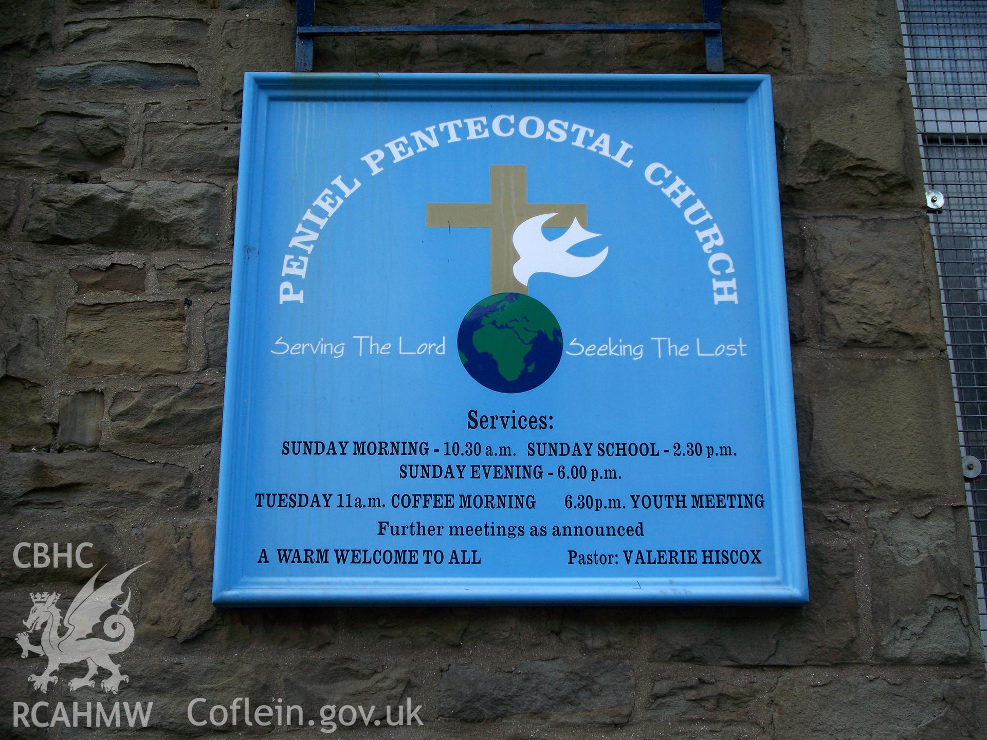 'Peniel Pentecostal Church' order of services board.