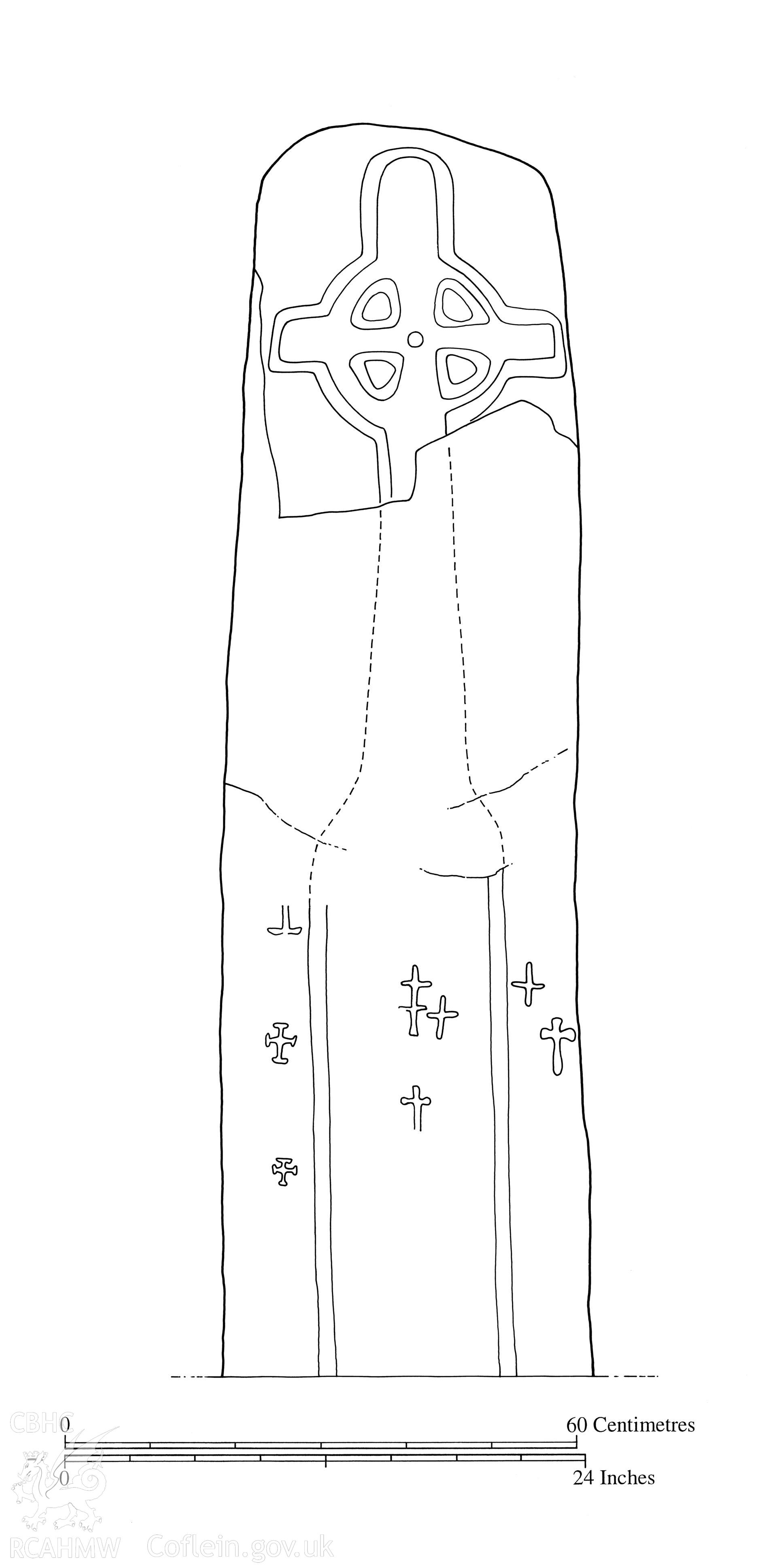 Measured drawing (1:5) of Early Christian Monument at Llawhaden Church, as published in "A Corpus of Early Medival Inscribed Stones and Stone Sculptures in Wales" volume II South-east Wales, fig no P55/2