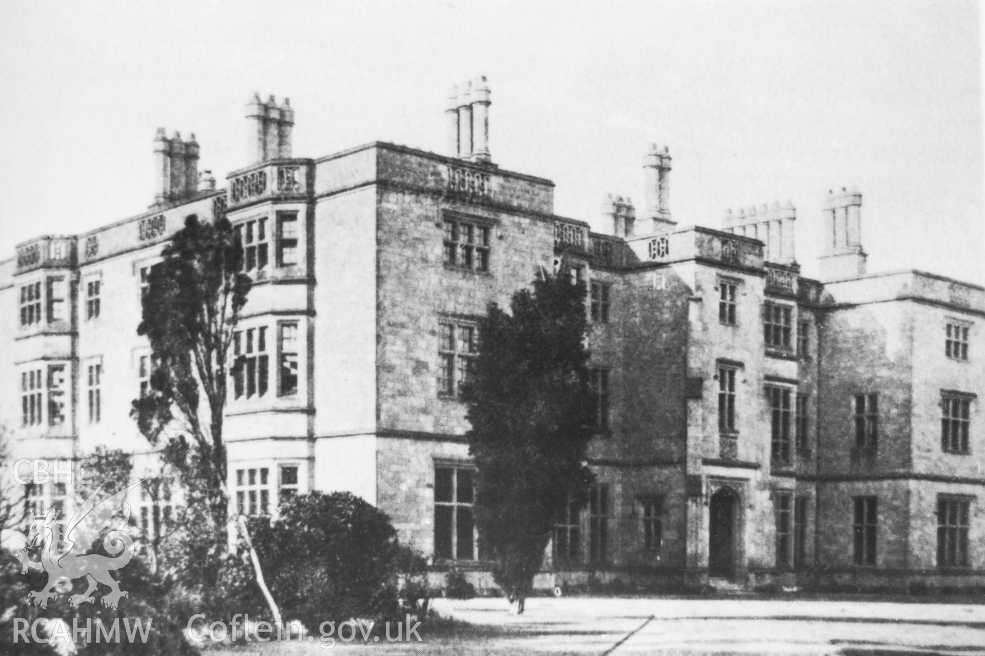 Copy of black and white image of Llanover House, Llanover, Monmouthshire, copied from early undated postcard showing exterior, loaned by Thomas Lloyd.