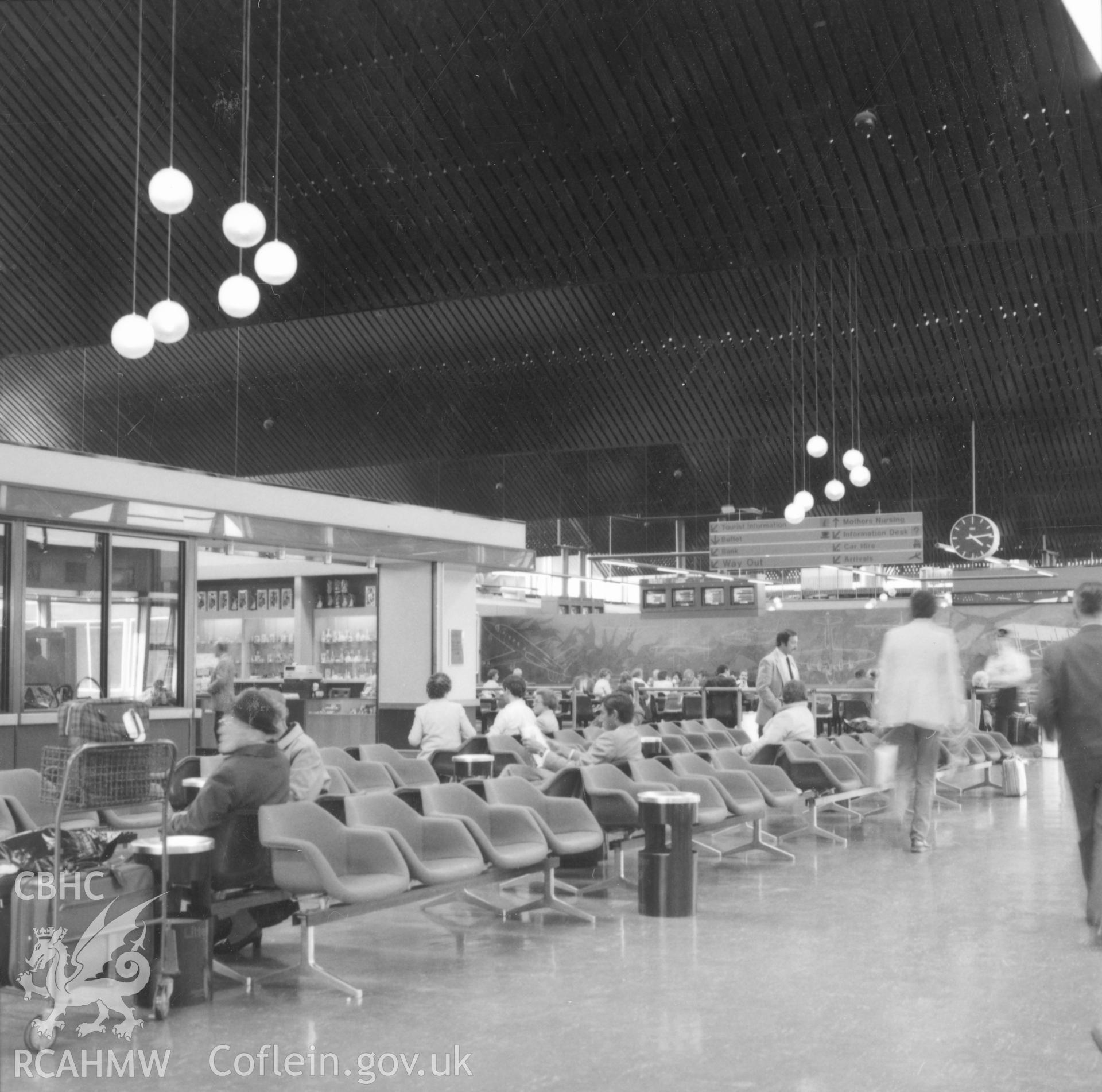 Interior view of the airport lounge at Rhoose Airport, Cardiff taken in 1980.  From the Central Office of Information Collection.