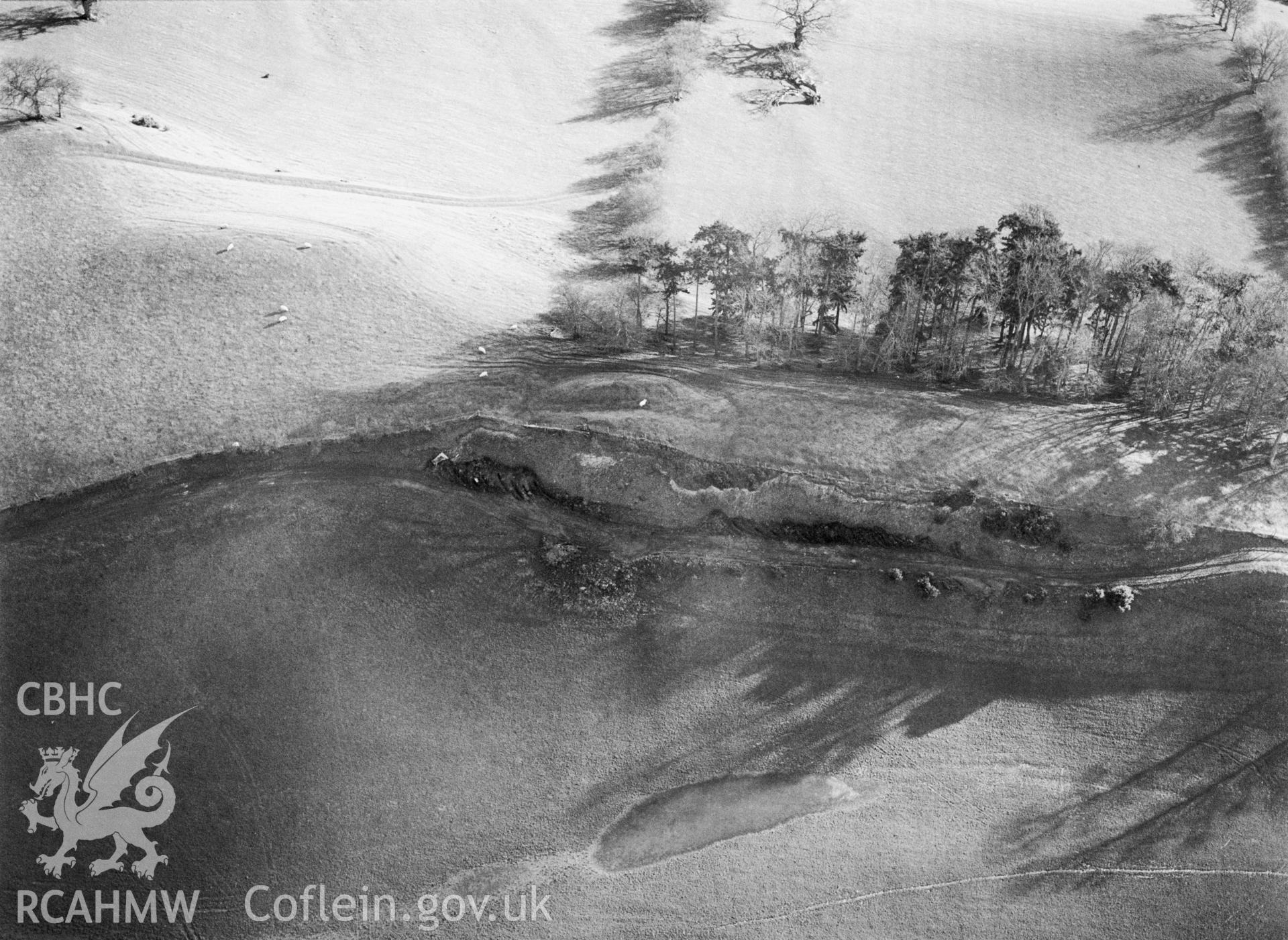 RCAHMW Black and white oblique aerial photograph of Bettws Cedewain Motte, Bettws, taken on 20/12/1998 by CR Musson