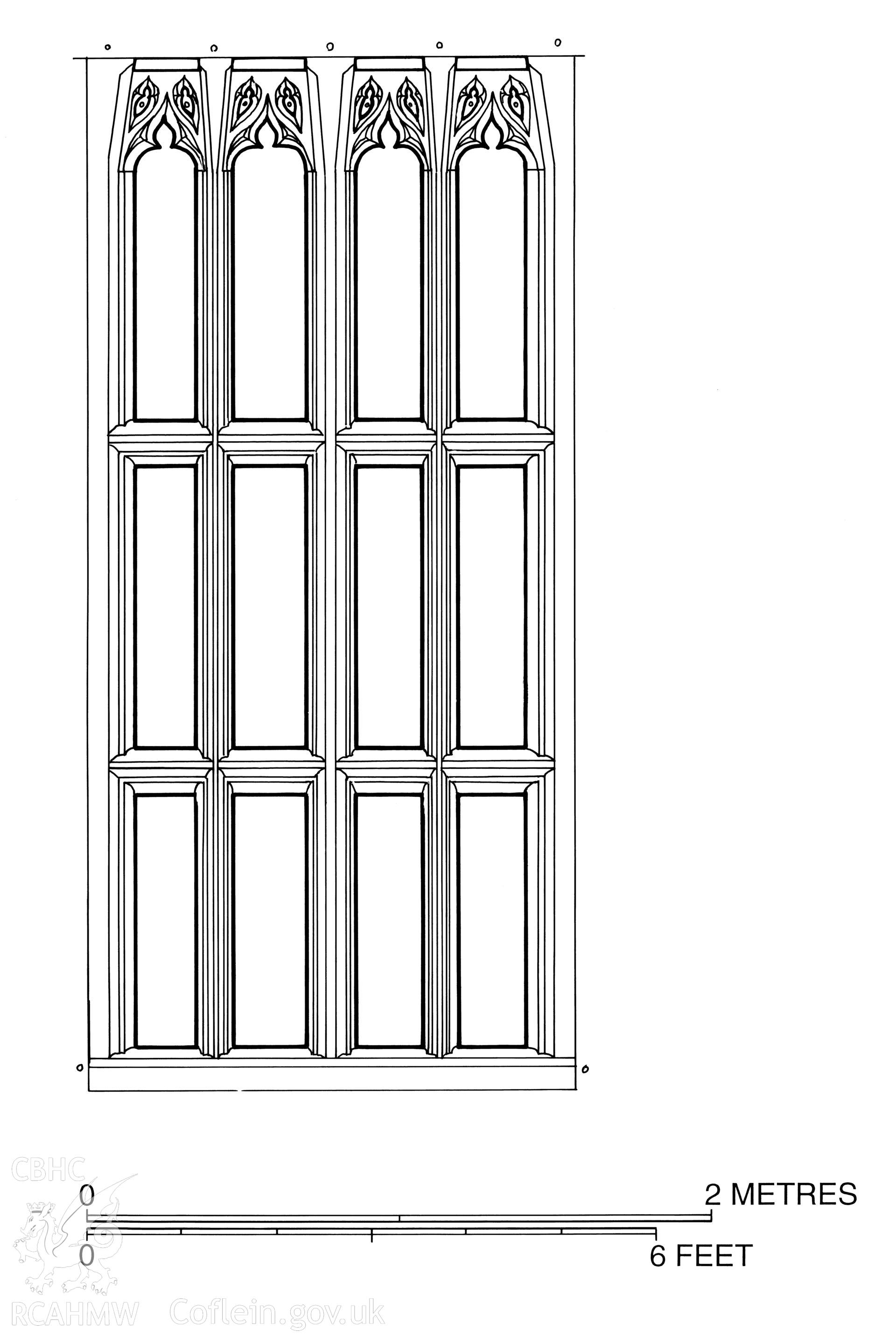 Measured drawing showing reconstruction view of hall window at Bryndraenog, Bugeildy.