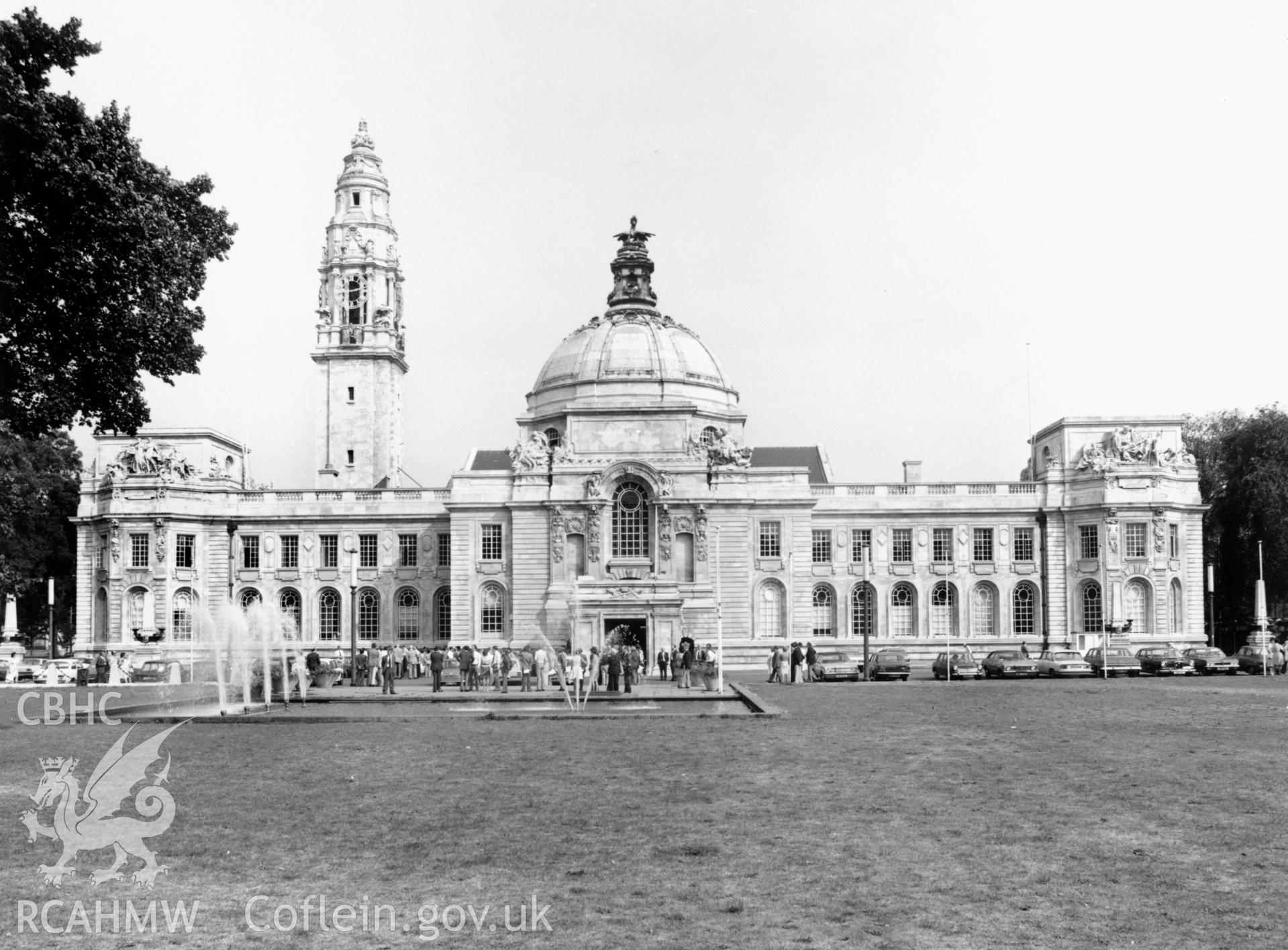 1 b/w print showing  view of Cardiff City Hall; collated by the former Central Office of Information.