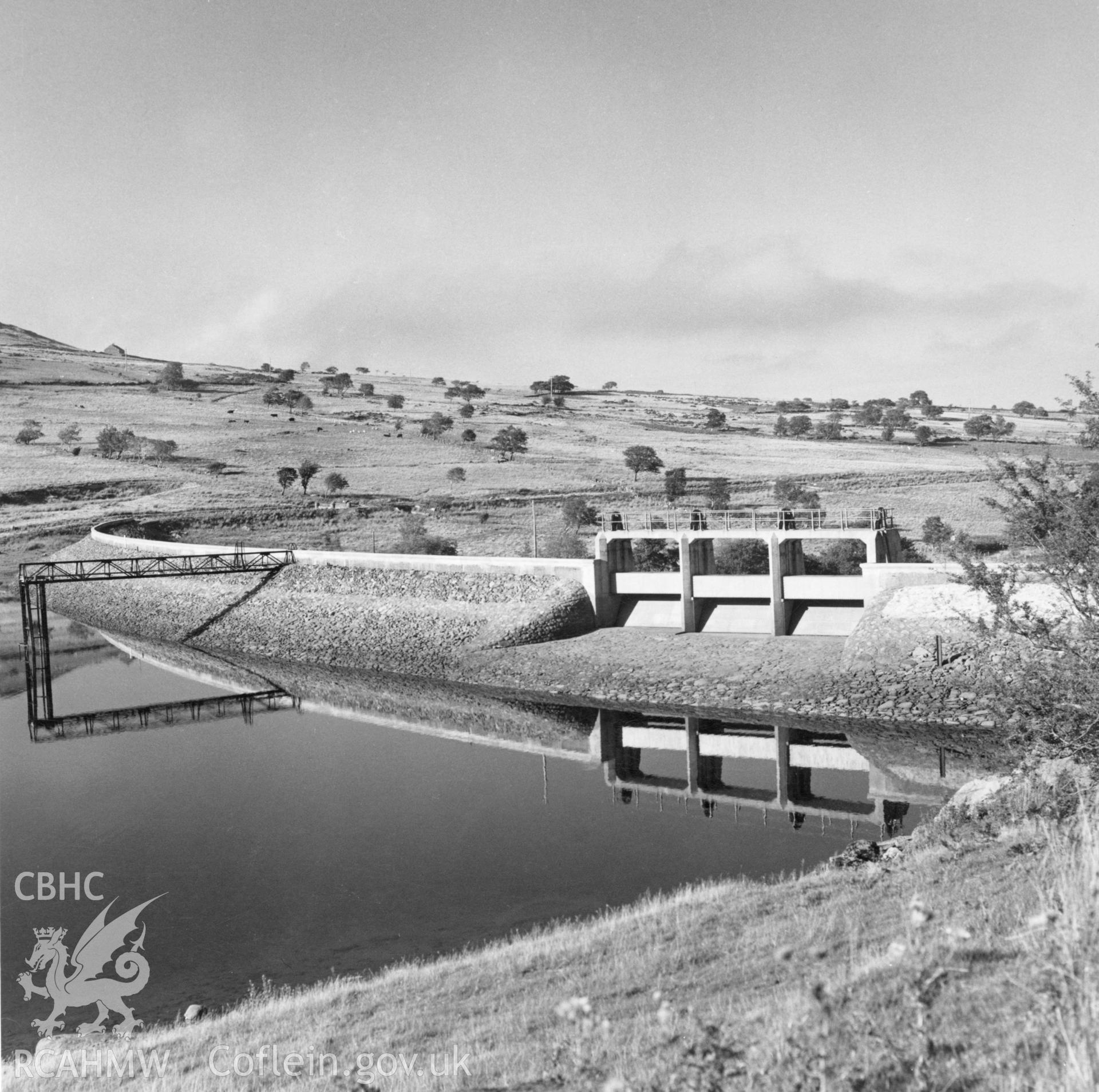1 b/w print showing view of dam at Coedty reservoir; collated by the former Central Office of Information.