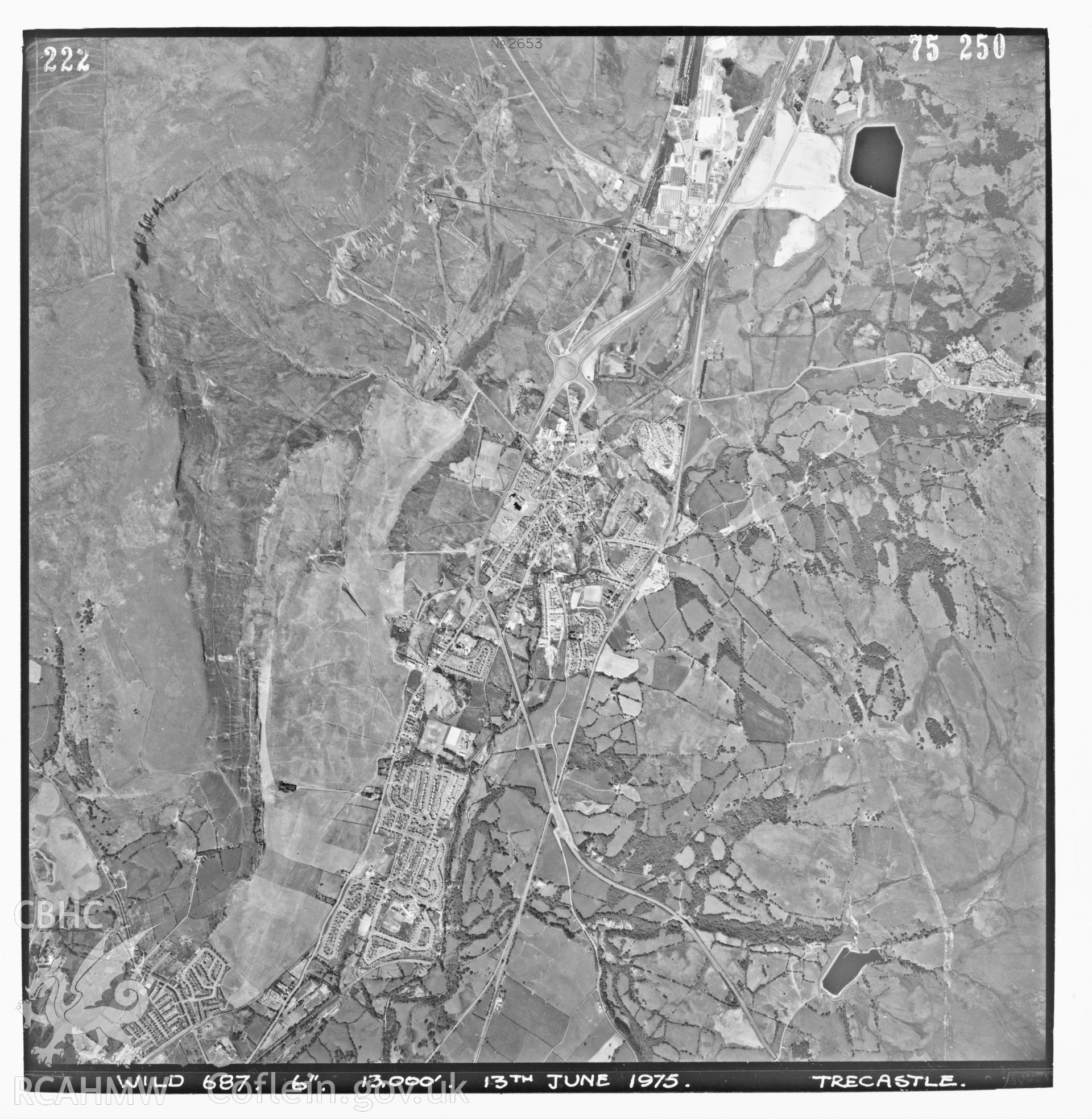 Digitized copy of an aerial photograph showing the Hirwaun area, taken by Ordnance Survey, 1975.