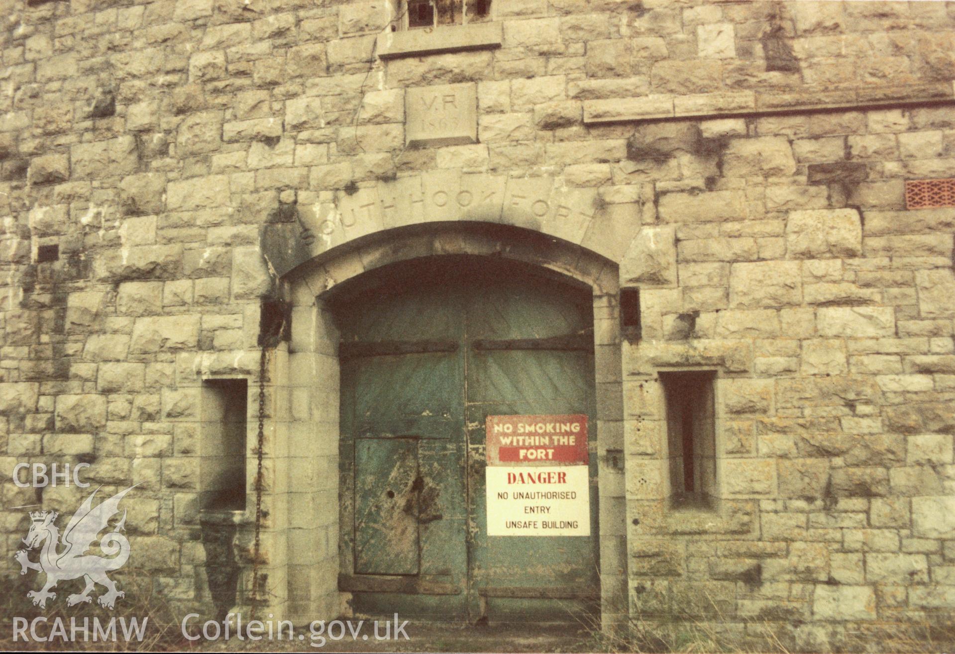 View of South Hook Fort entrance, taken by W. Jones of Cadw circa 1986